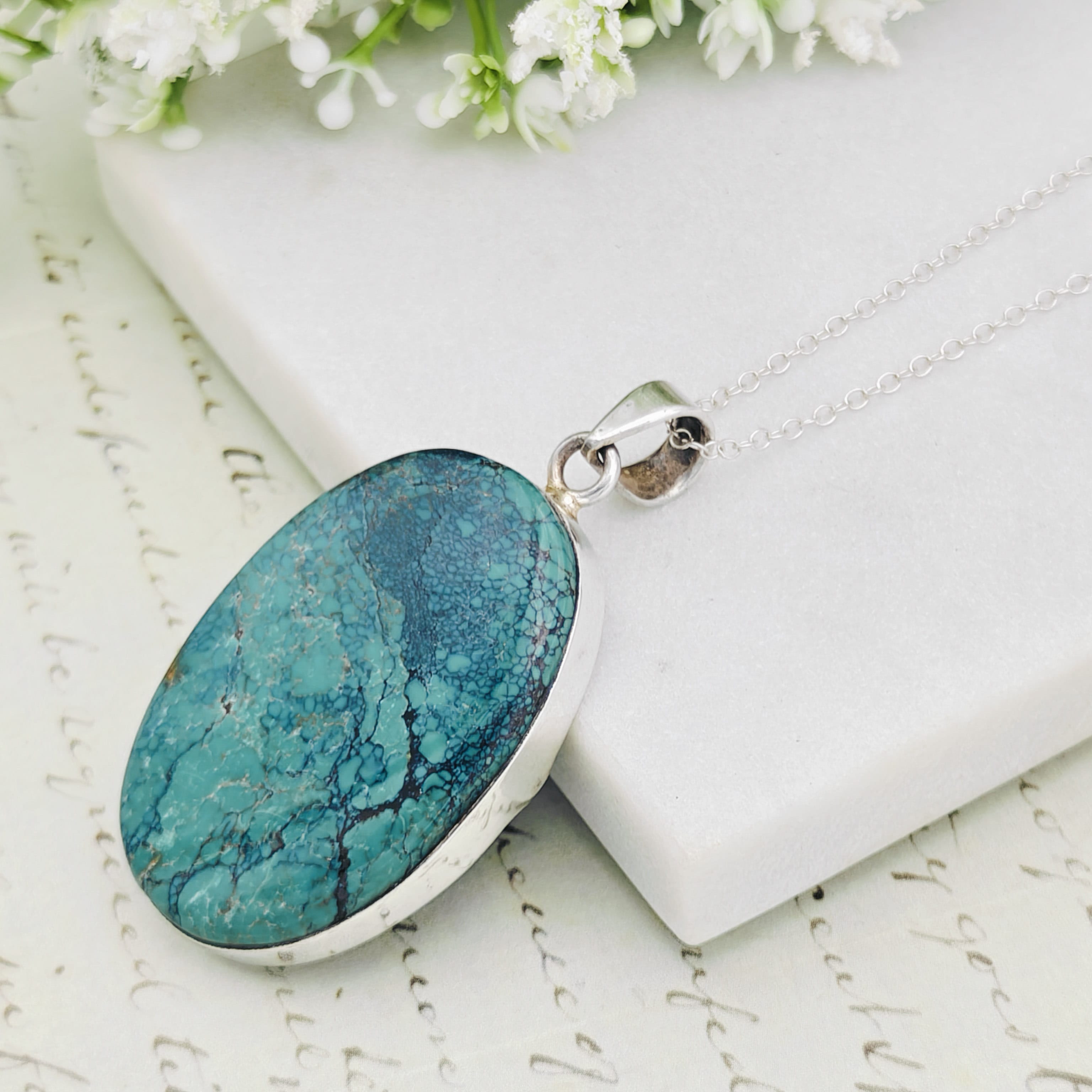 Hepburn and Hughes Turquoise Pendant in Sterling Silver | 43mm Statement Blue Gemstone | 11th Anniversary