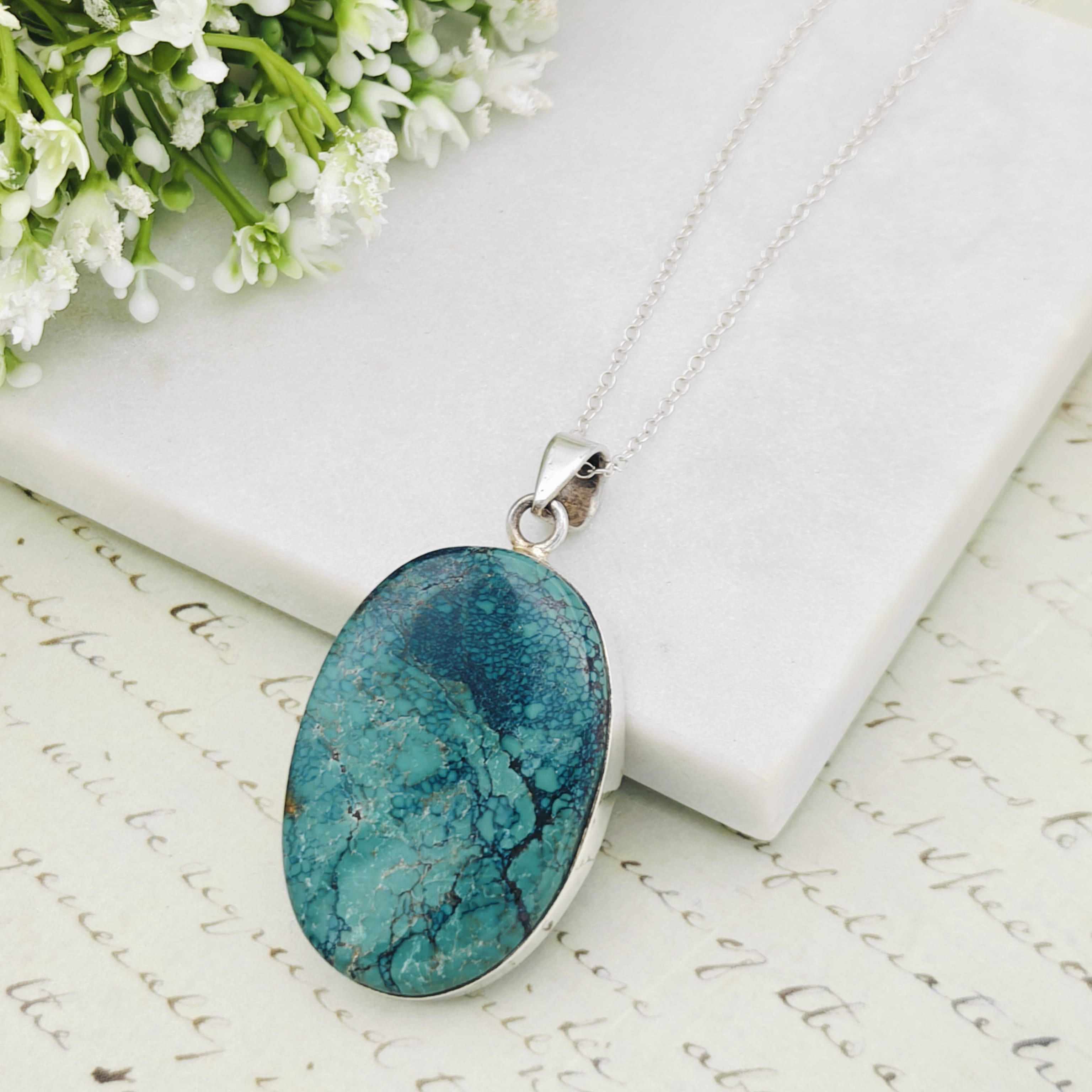 Hepburn and Hughes Turquoise Pendant in Sterling Silver | 43mm Statement Blue Gemstone | 11th Anniversary