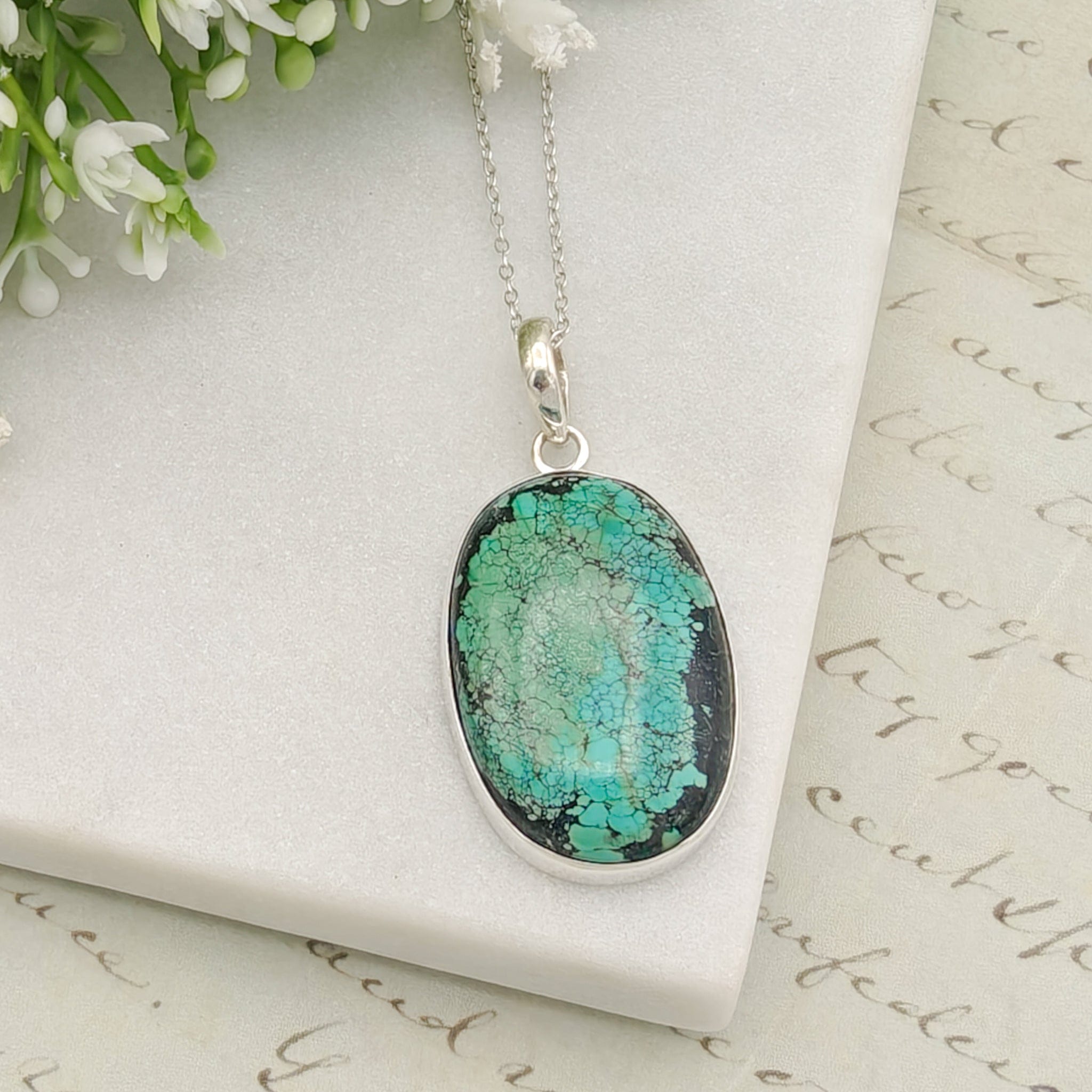 Hepburn and Hughes Turquoise Pendant | Oval Gemstone Necklace | Sterling Silver
