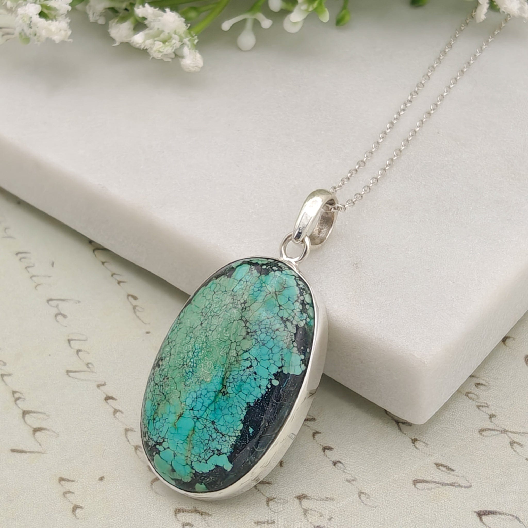 Hepburn and Hughes Turquoise Pendant | Oval Gemstone Necklace | Sterling Silver