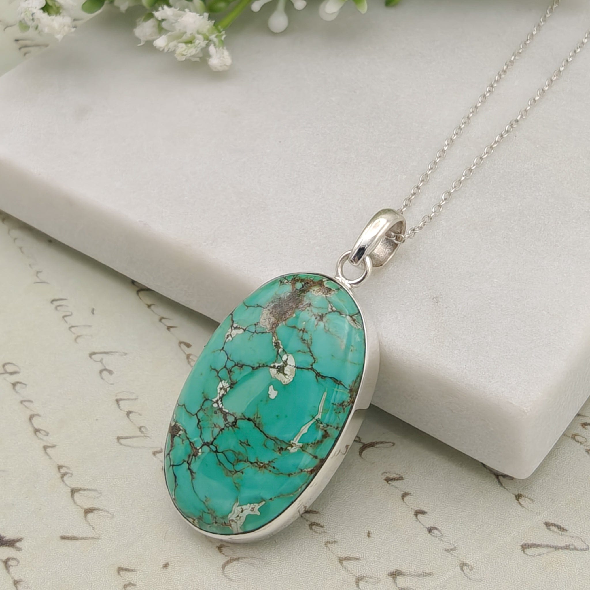 【本物】turquoise stone ネックレスチャーム　silver925 Turquoise Pendant | Oval Gemstone Necklace | Sterling Silver