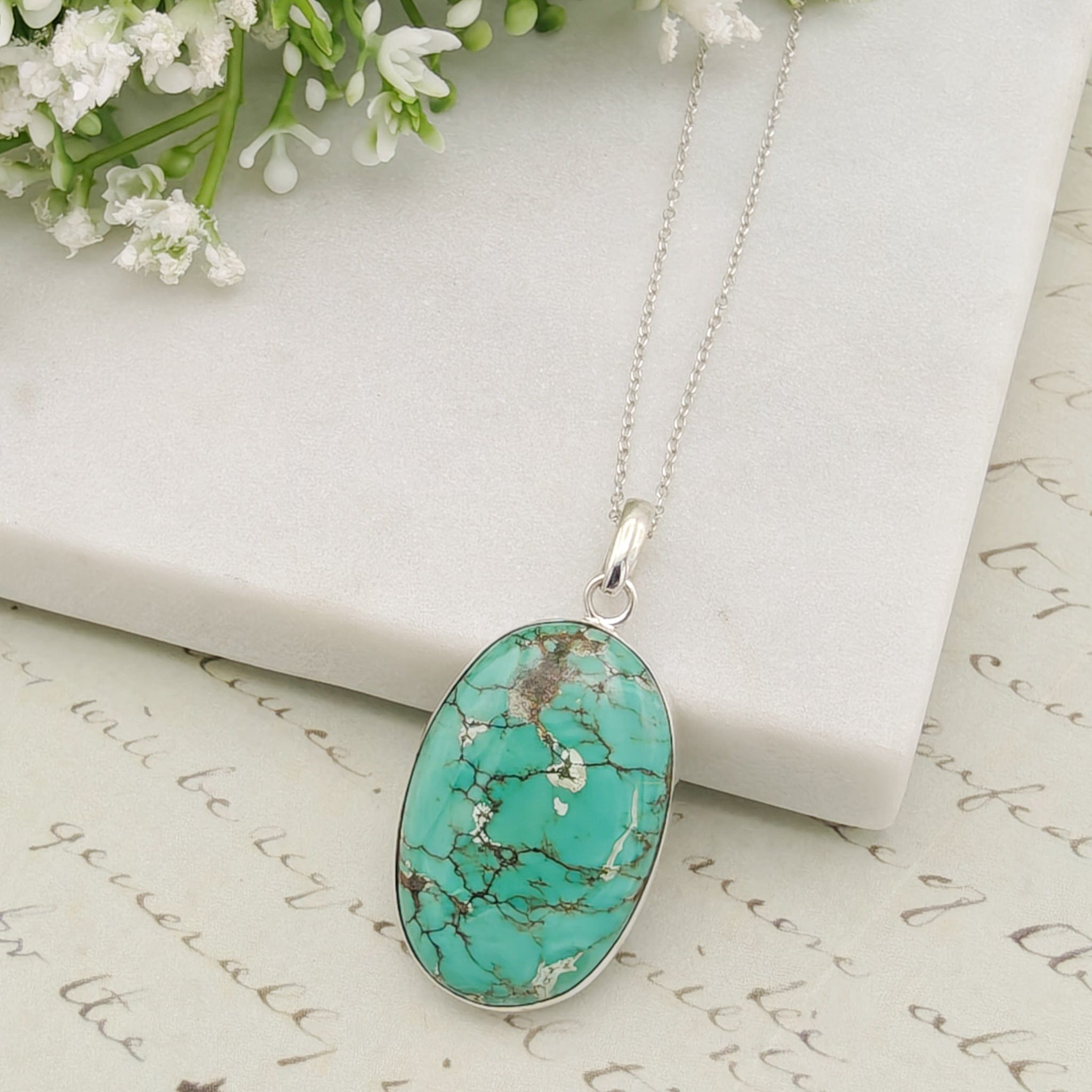 Turquoise Pendant | Oval Gemstone Necklace | Sterling Silver