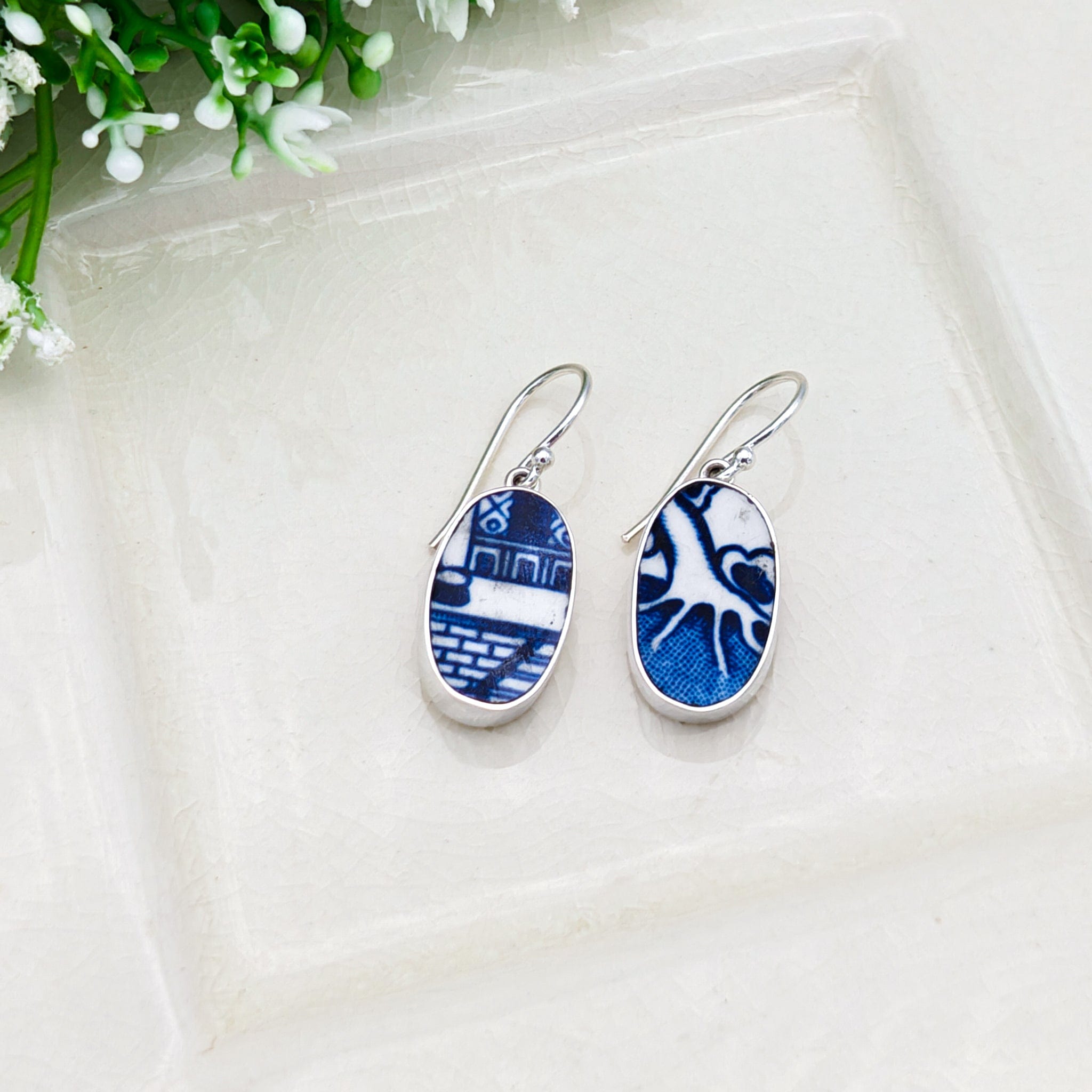 Hepburn and Hughes Upcycled Minton Pottery | 25mm Earrings | 9th Anniversary | Sterling Silver