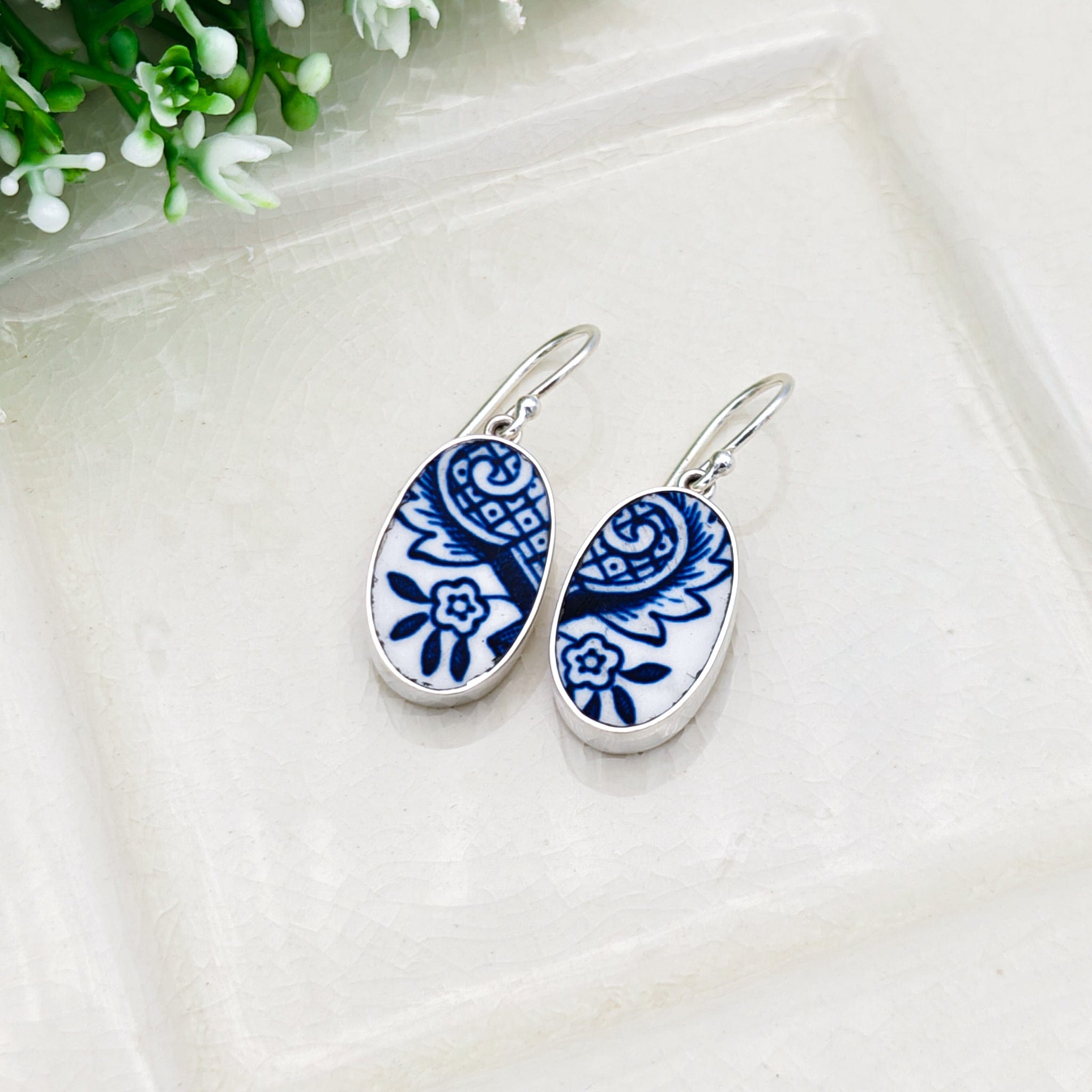 Hepburn and Hughes Upcycled Minton Pottery | 25mm Earrings | 9th Anniversary | Sterling Silver