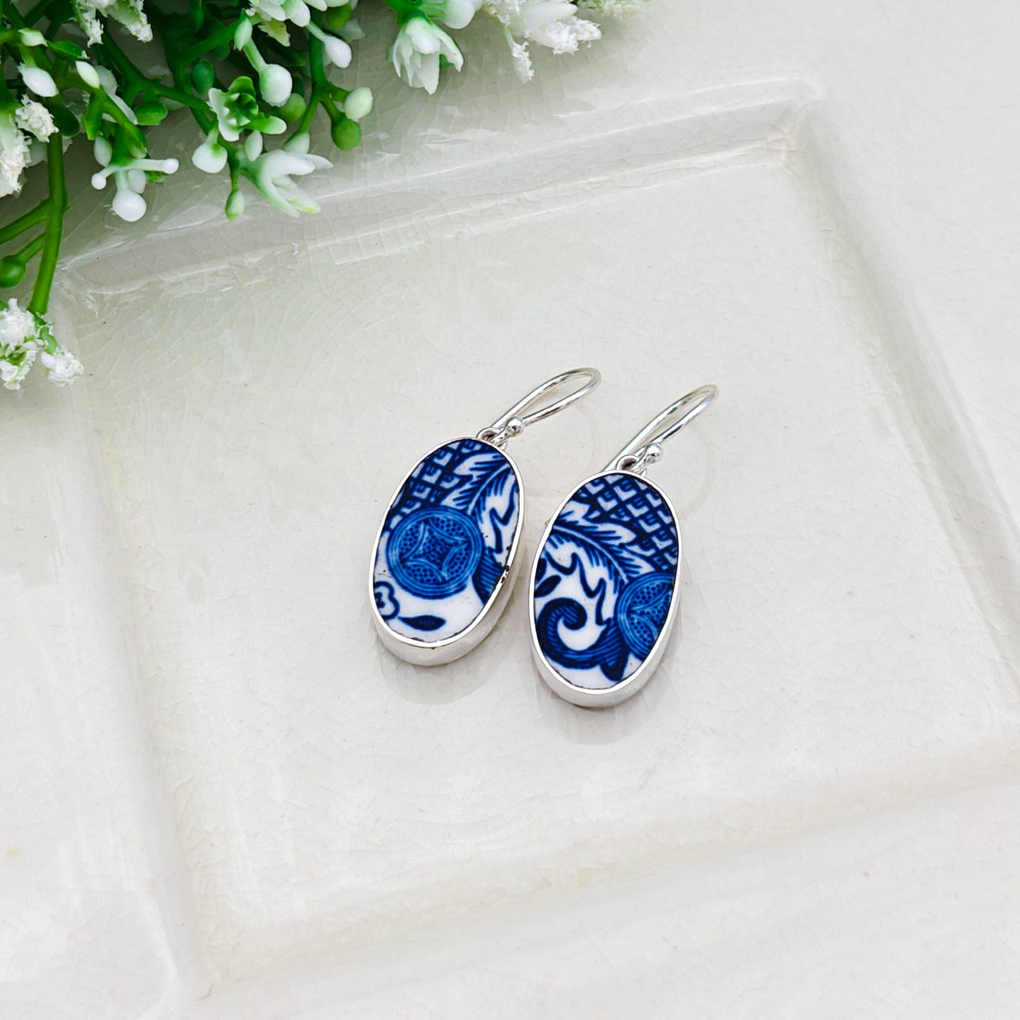 Hepburn and Hughes Upcycled Minton Pottery | 25mm Earrings | 9th Anniversary | Sterling Silver