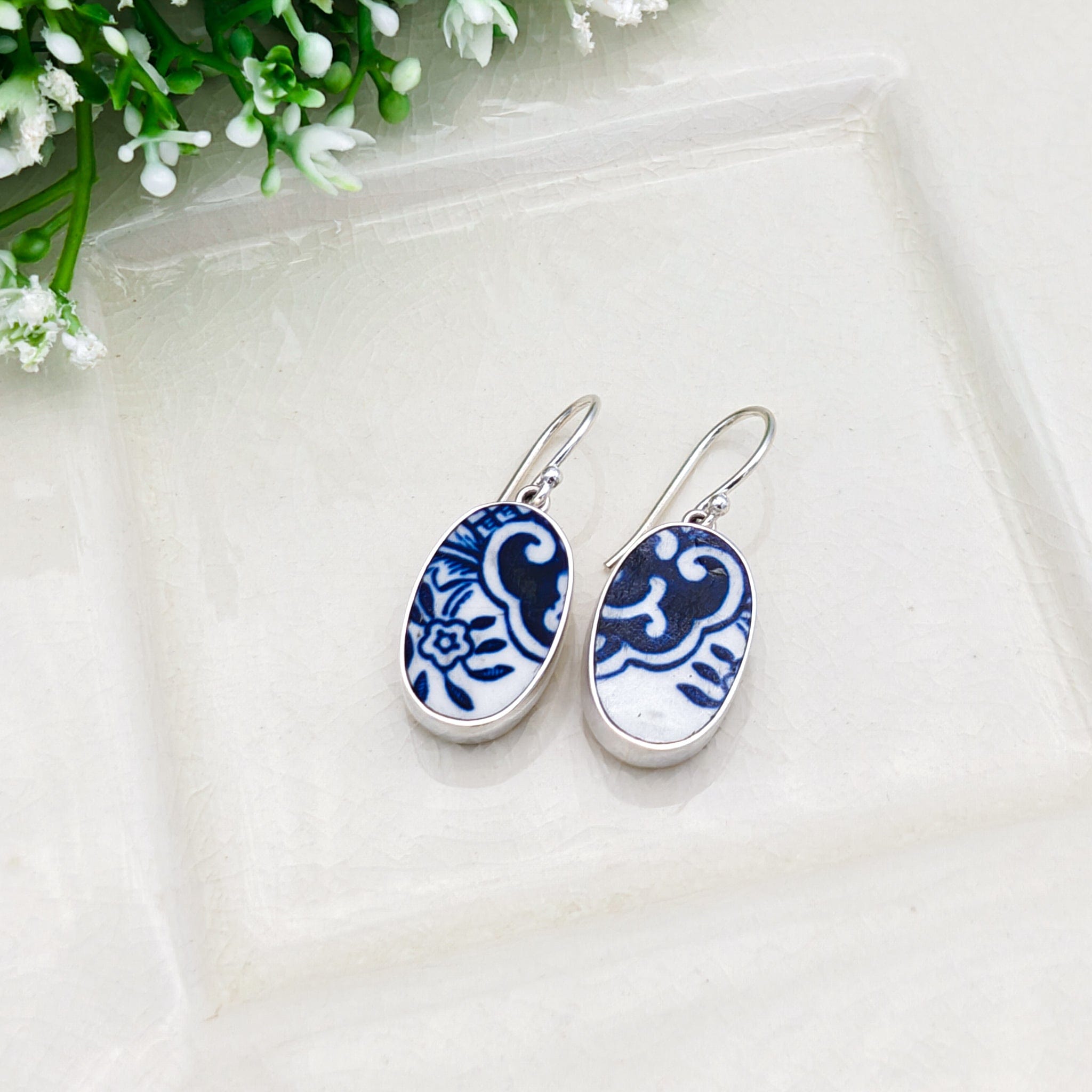 Hepburn and Hughes Upcycled Minton Pottery | 25mm Earrings | 9th Anniversary | Sterling Silver