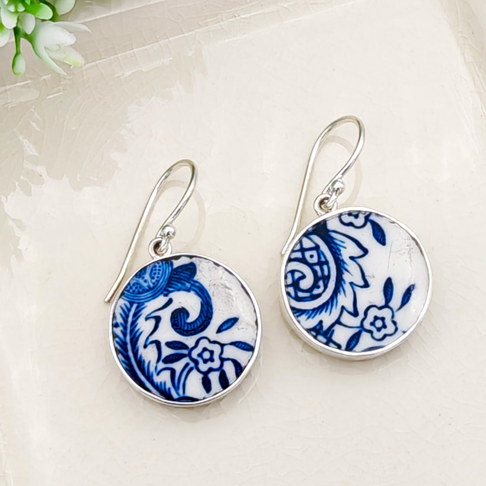 Hepburn and Hughes Upcycled Minton Pottery Earrings | 17mm Circular | 9th Anniversary | Sterling Silver