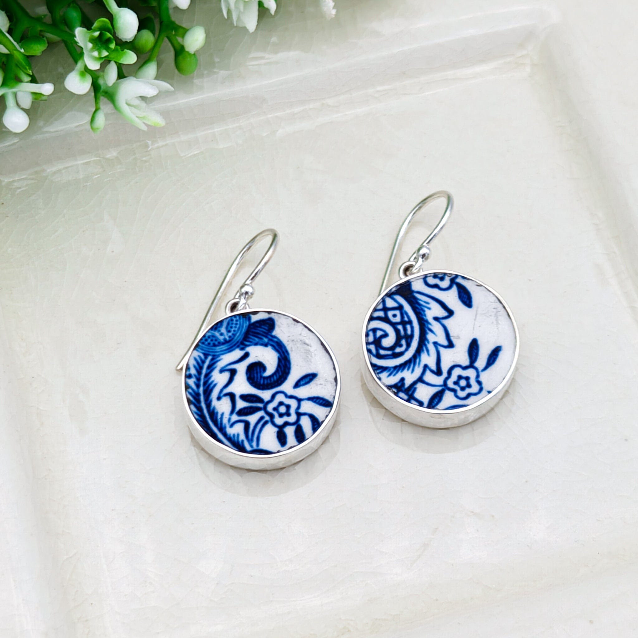 Hepburn and Hughes Upcycled Minton Pottery Earrings | 17mm Circular | 9th Anniversary | Sterling Silver