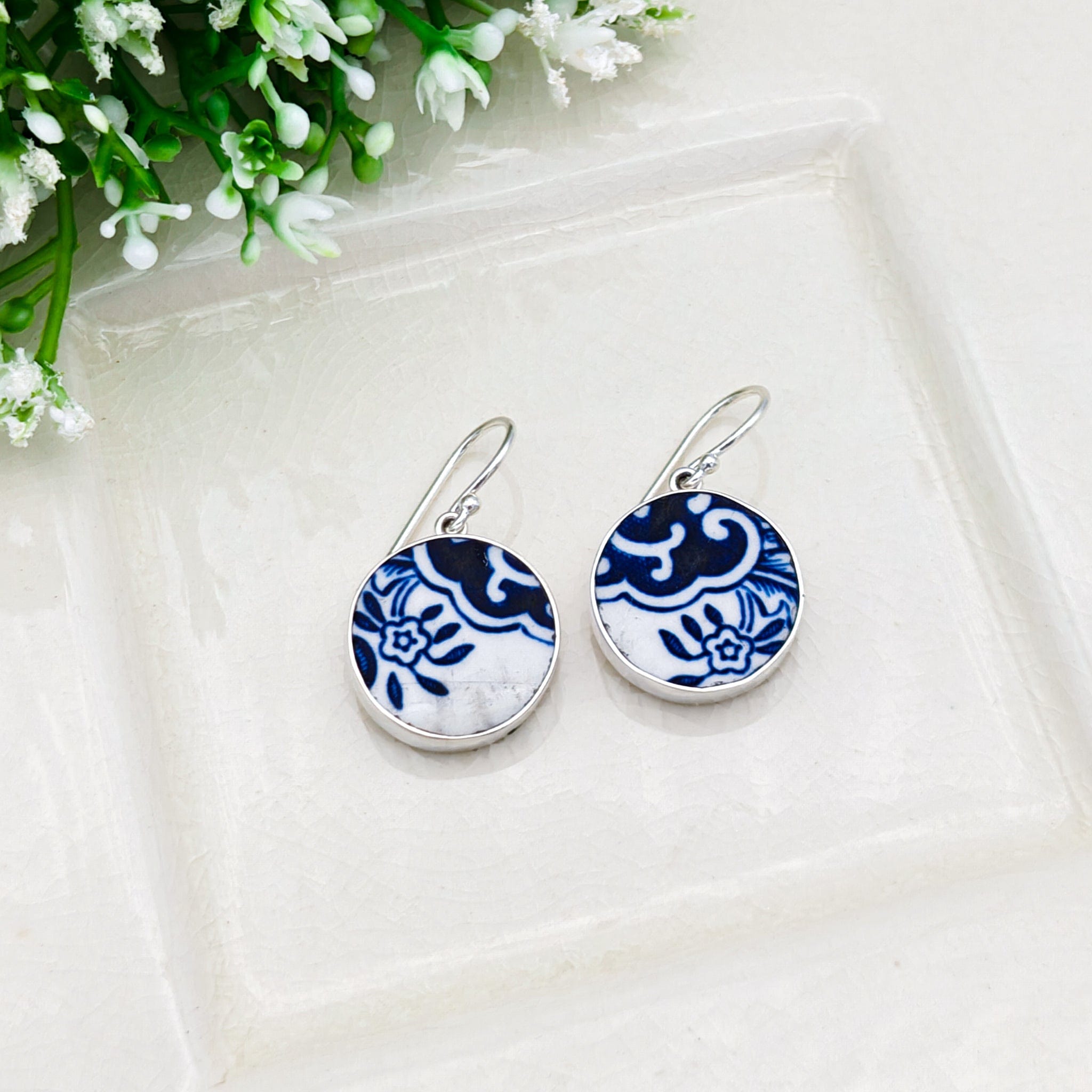 Hepburn and Hughes Upcycled Minton Pottery Earrings | 17mm Circular | 9th Anniversary | Sterling Silver