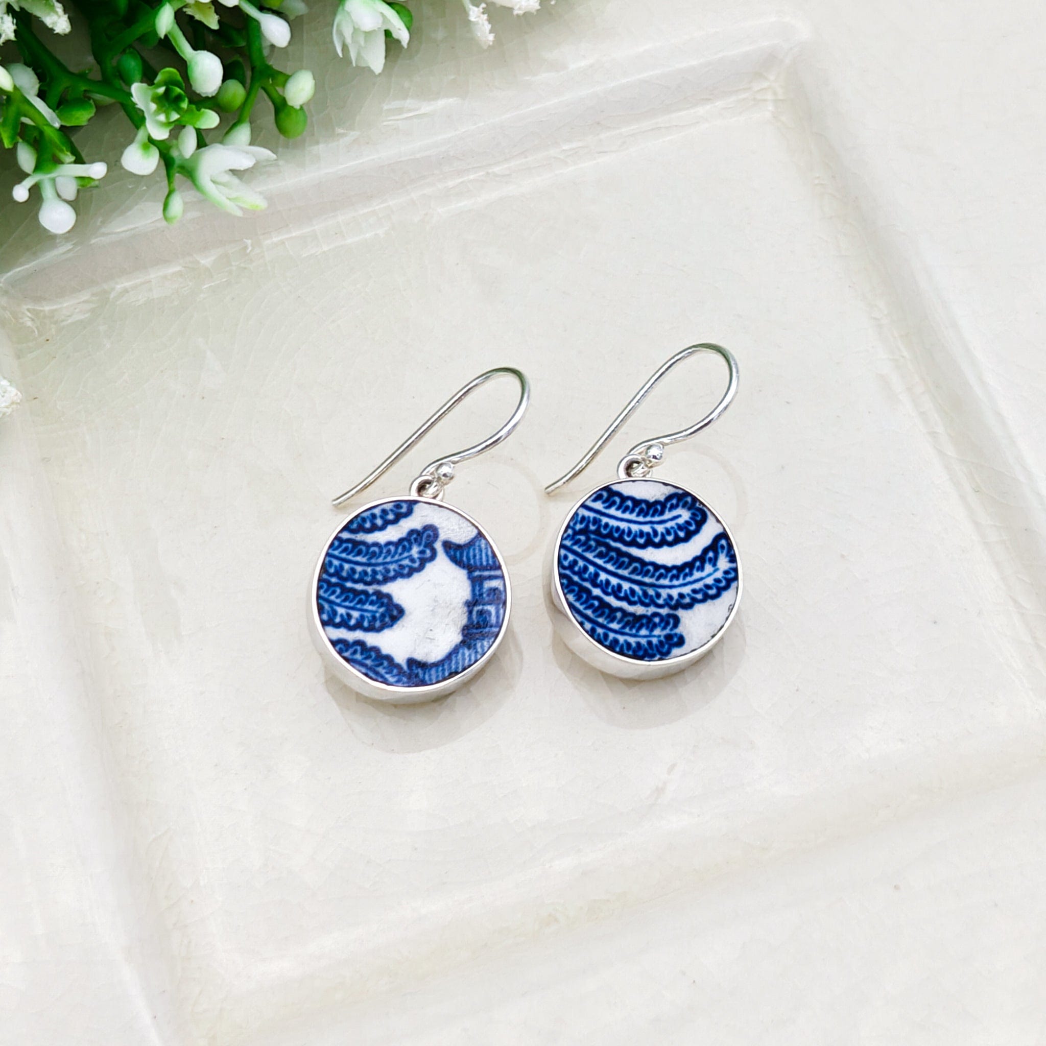 Hepburn and Hughes Upcycled Minton Pottery Earrings | 17mm Circular | 9th Anniversary | Sterling Silver