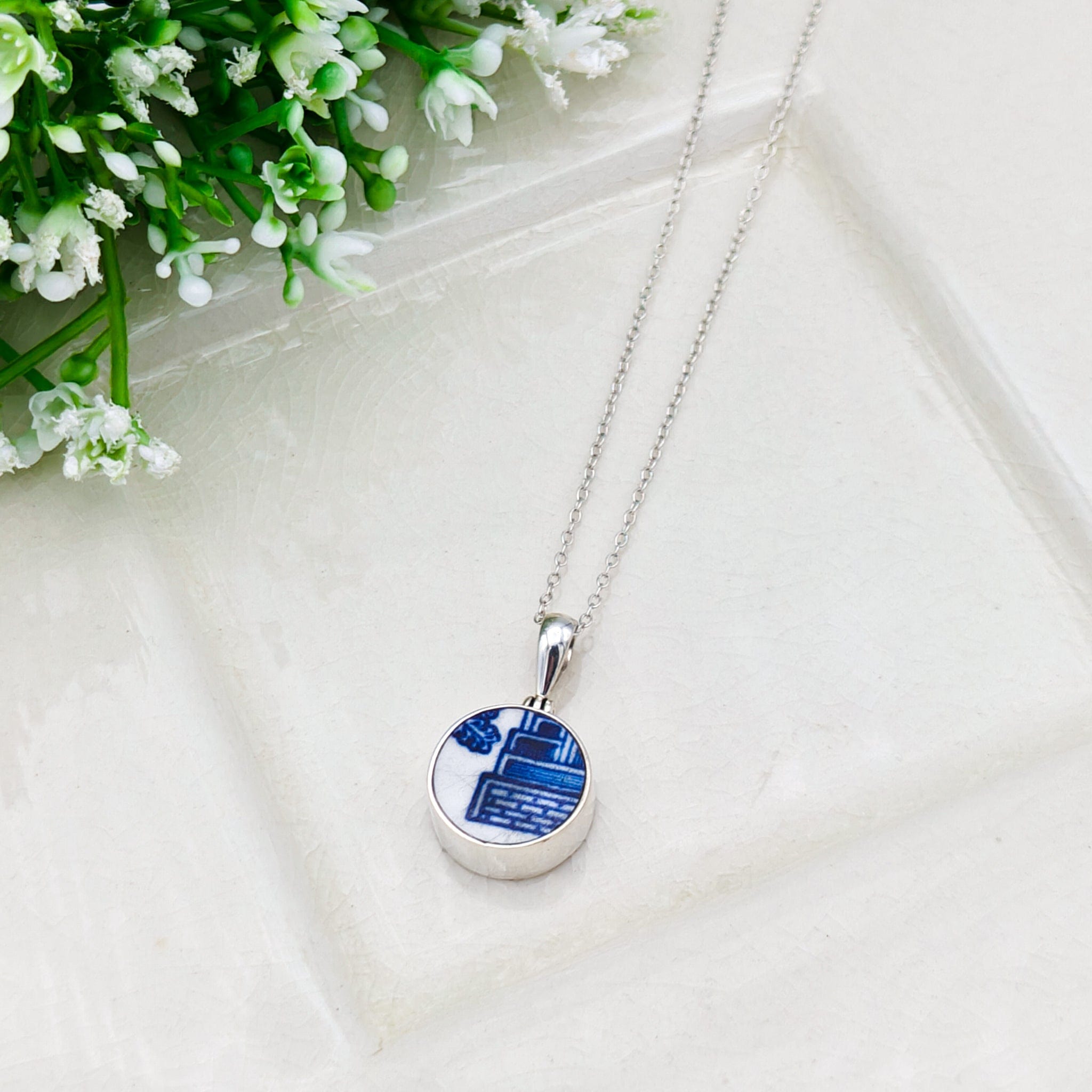 Hepburn and Hughes Upcycled Minton Pottery  | Small Circular Pendant | Sterling Silver