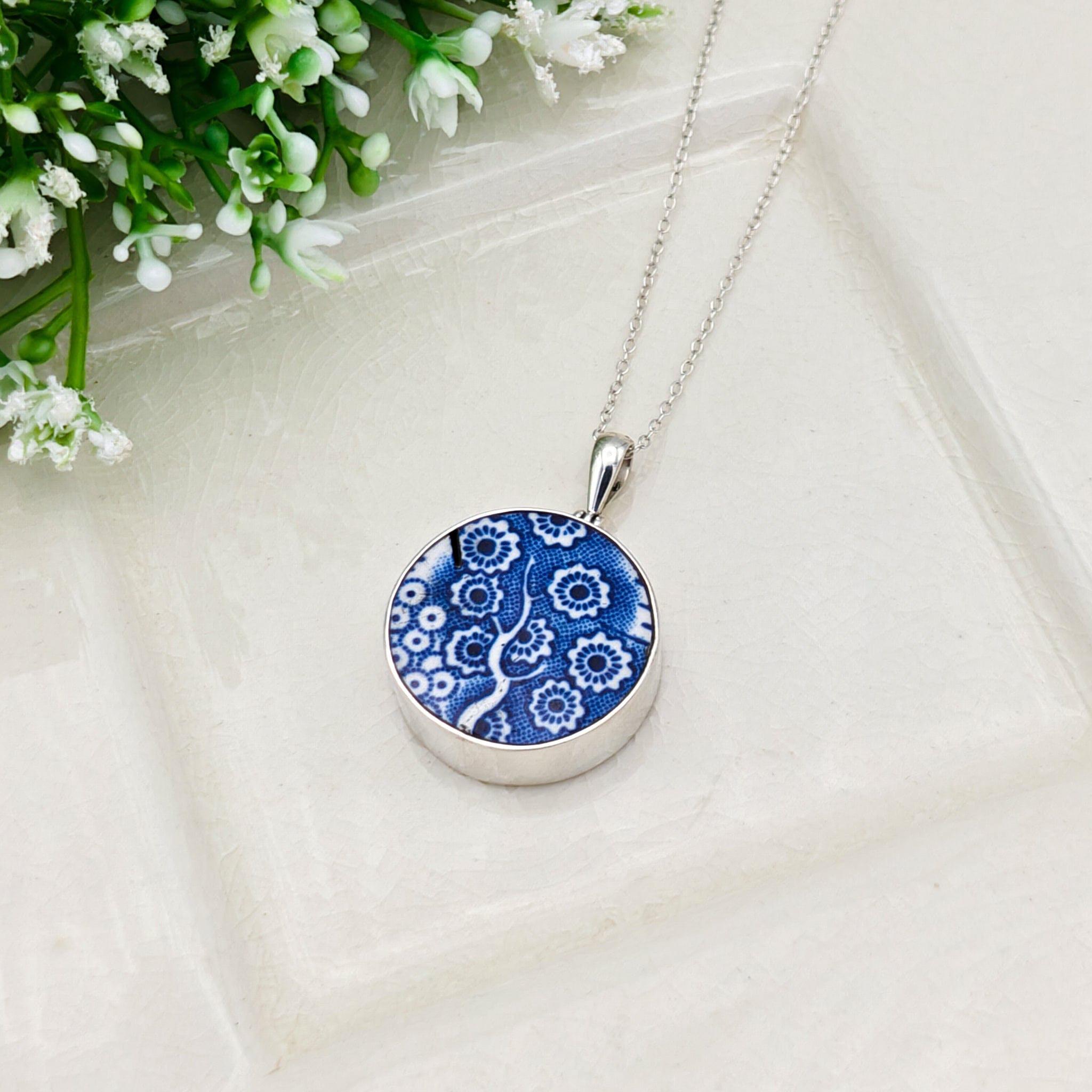 Hepburn and Hughes Upcycled Minton Pottery  | Small Circular Pendant | Sterling Silver