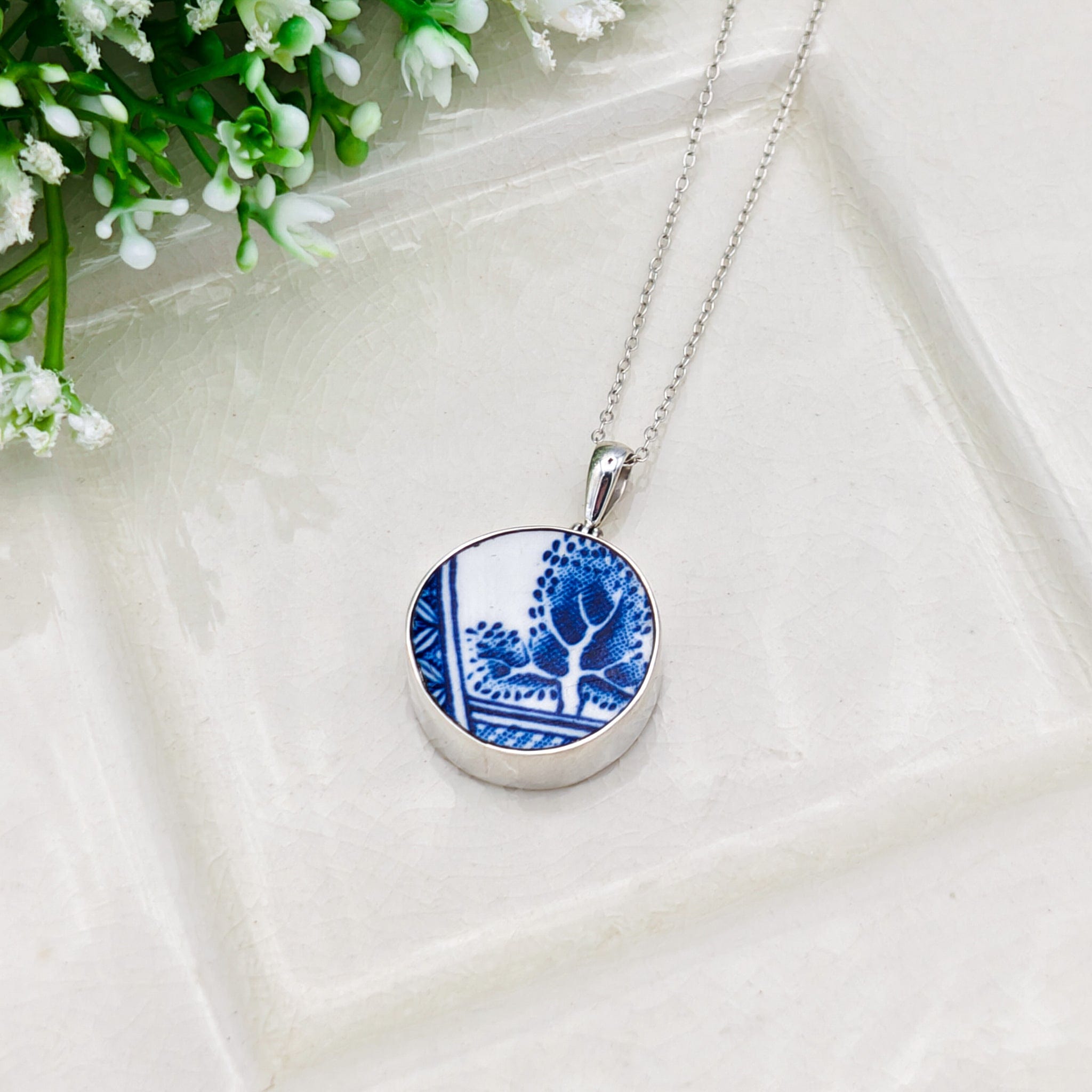Hepburn and Hughes Upcycled Minton Pottery  | Small Circular Pendant | Sterling Silver