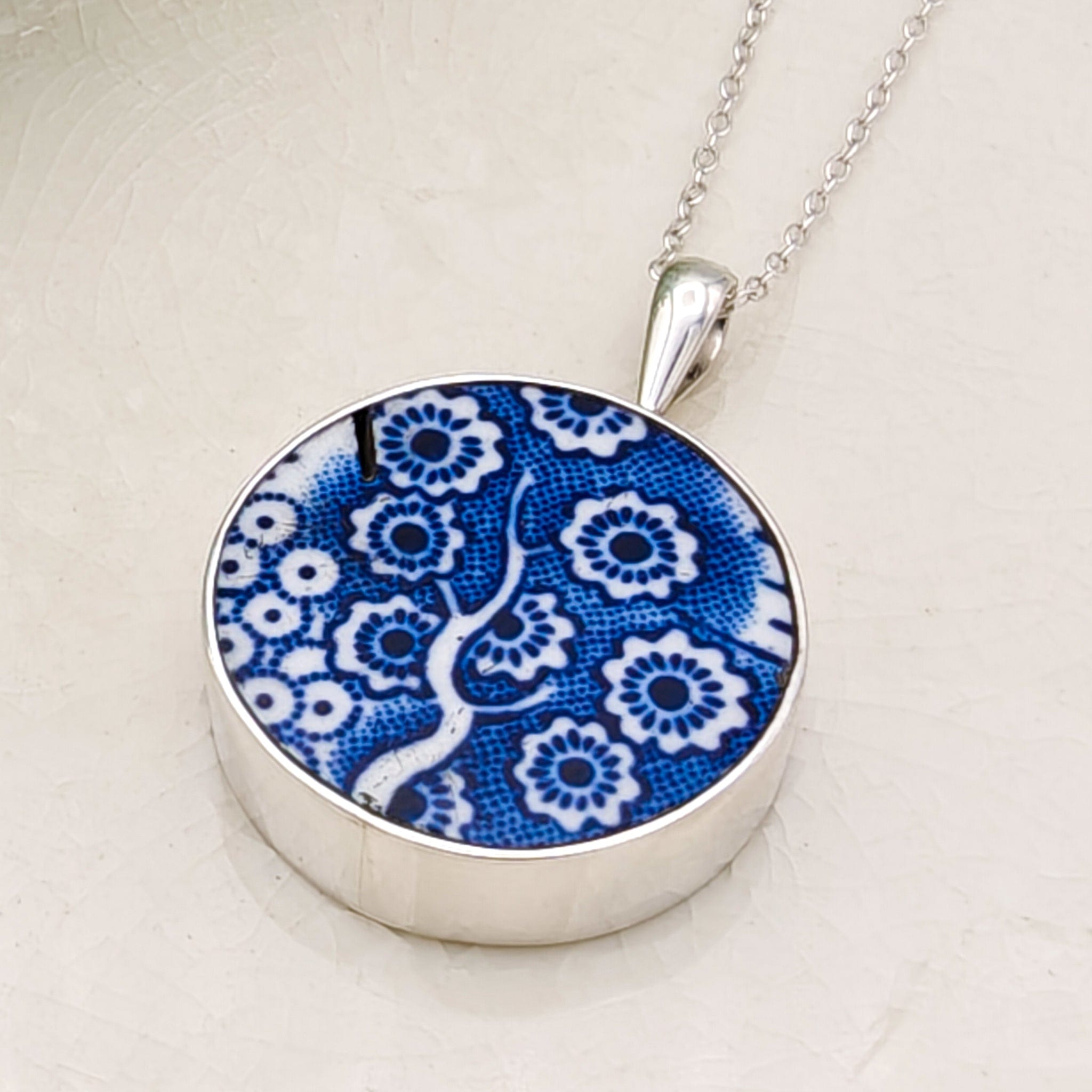Hepburn and Hughes Upcycled Minton Pottery  | Small Circular Pendant | Sterling Silver