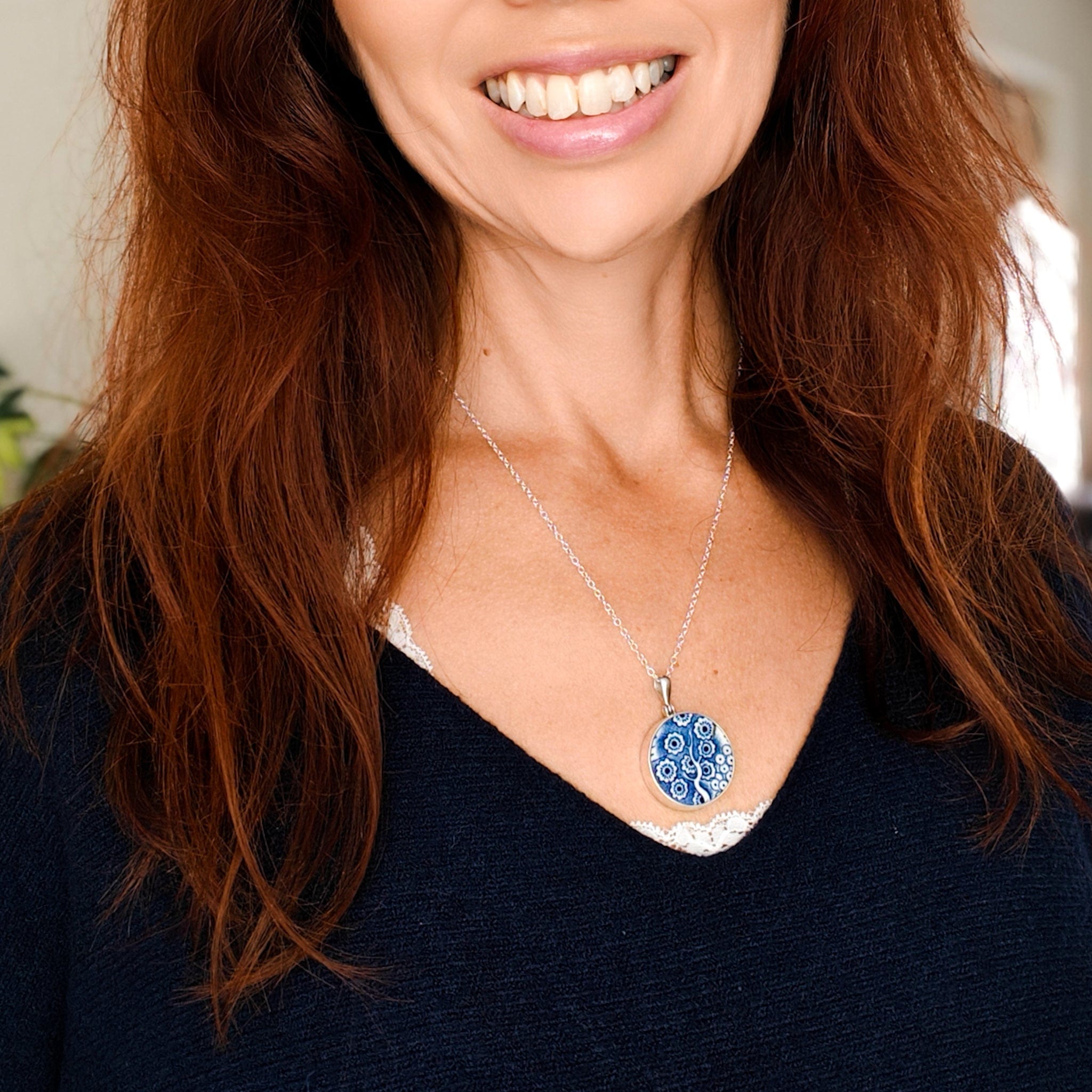 Hepburn and Hughes Upcycled Minton Pottery  | Small Circular Pendant | Sterling Silver
