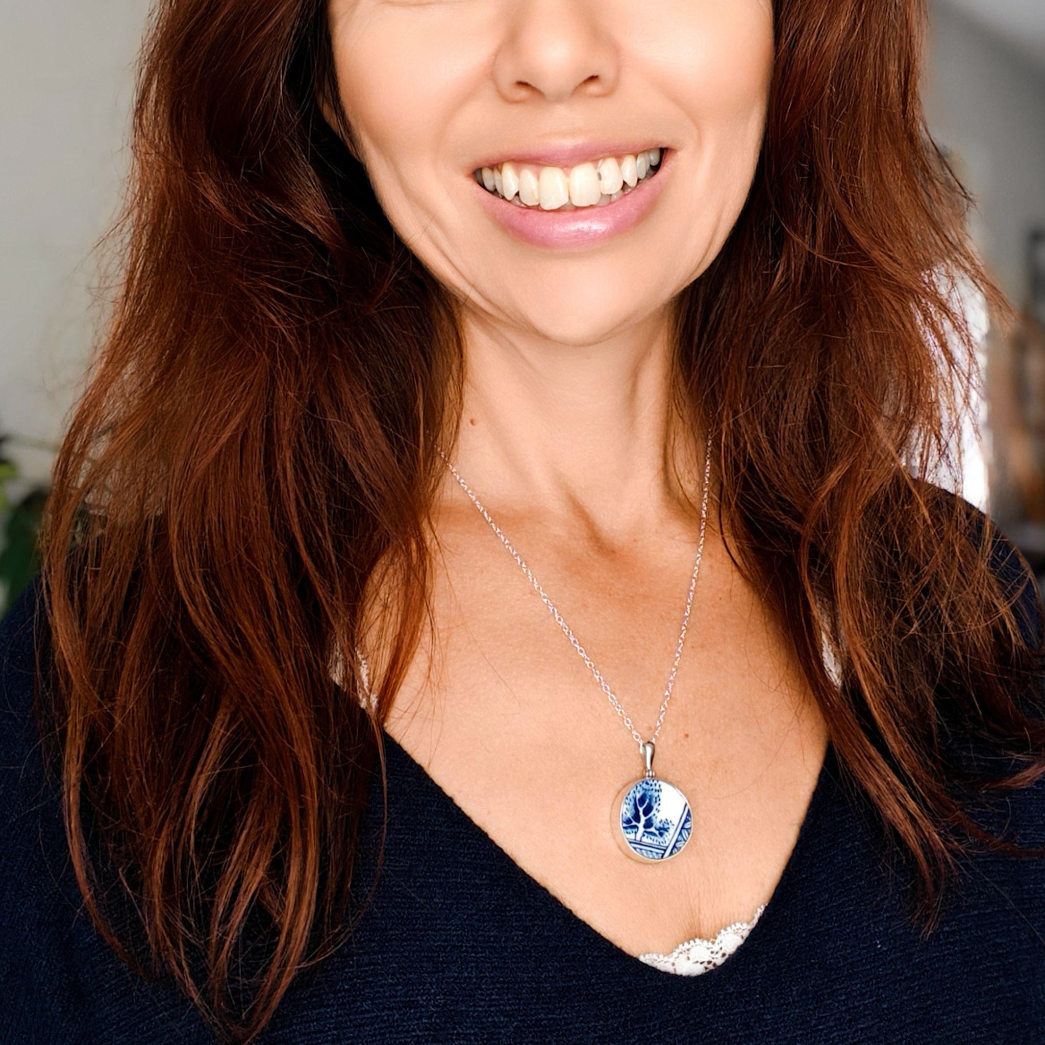 Hepburn and Hughes Upcycled Minton Pottery  | Small Circular Pendant | Sterling Silver