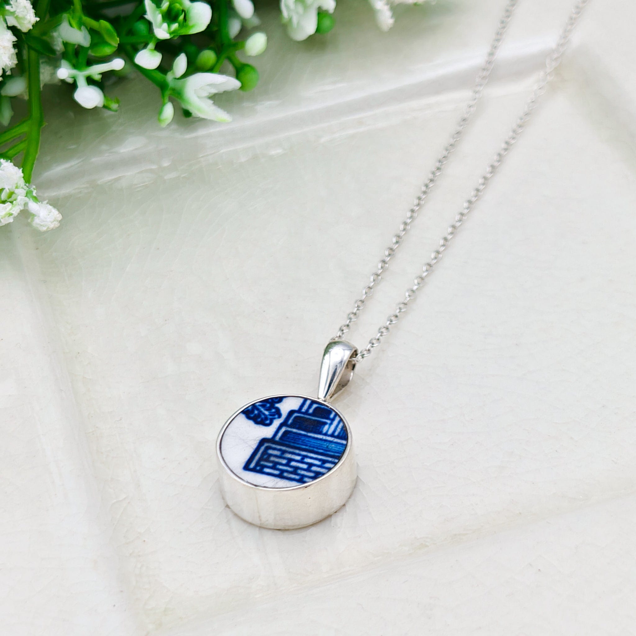Hepburn and Hughes Upcycled Minton Pottery  | Small Circular Pendant | Sterling Silver