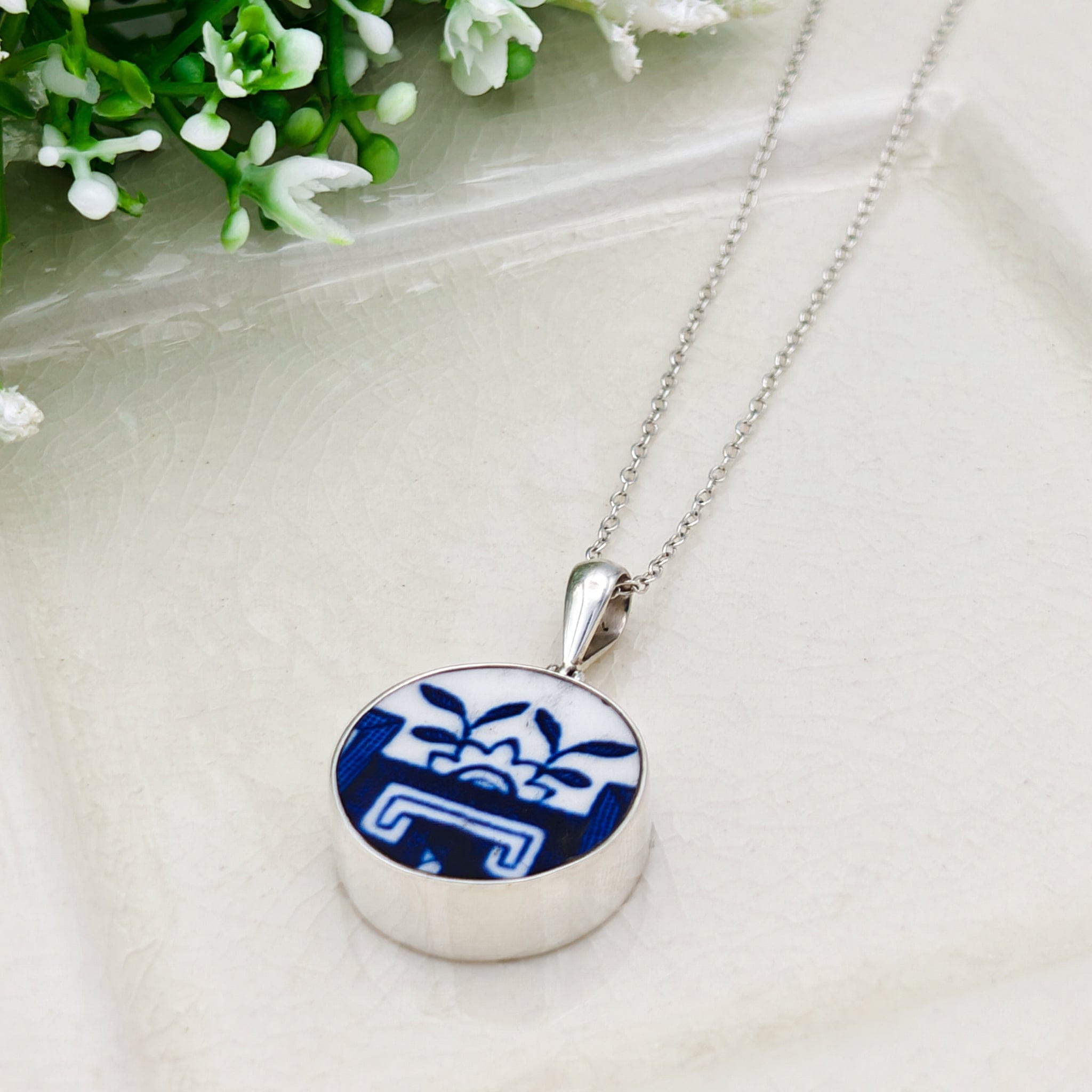 Hepburn and Hughes Upcycled Minton Pottery  | Small Circular Pendant | Sterling Silver