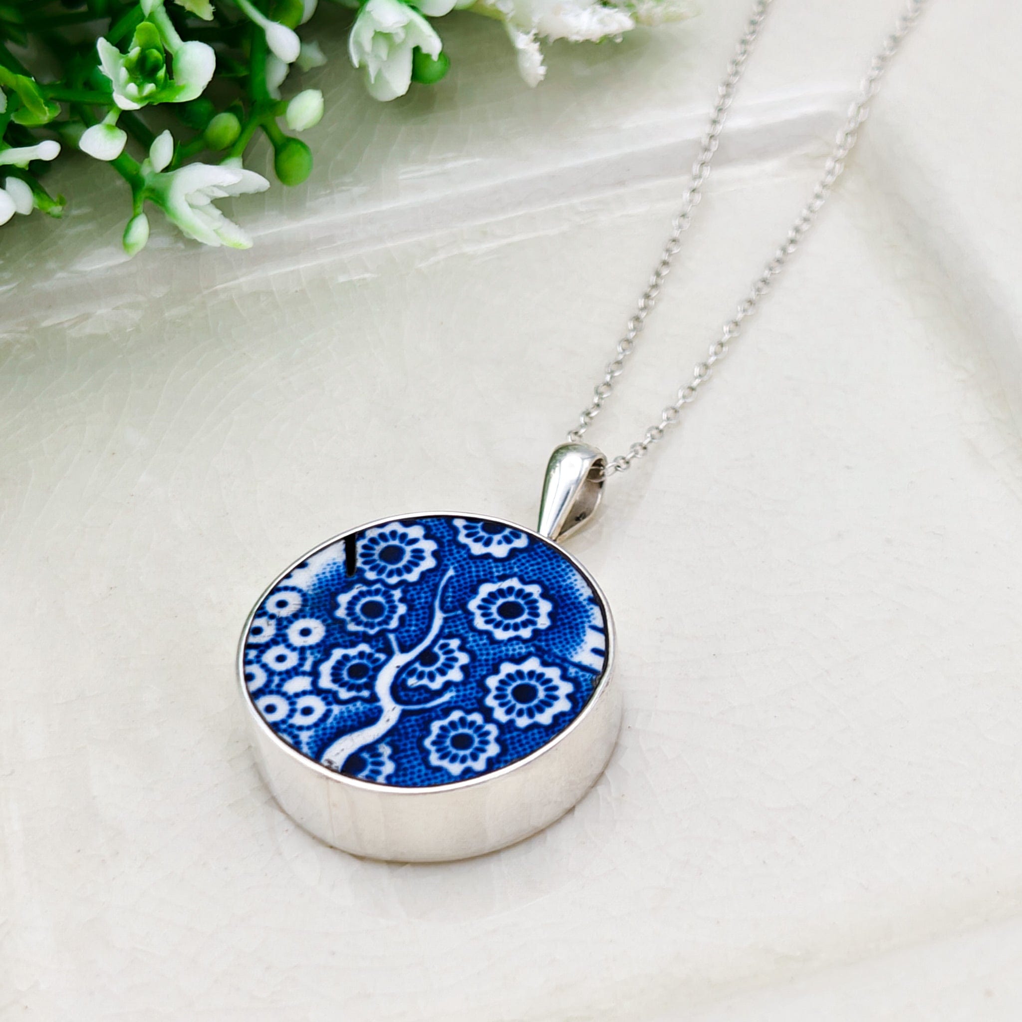 Hepburn and Hughes Upcycled Minton Pottery  | Small Circular Pendant | Sterling Silver