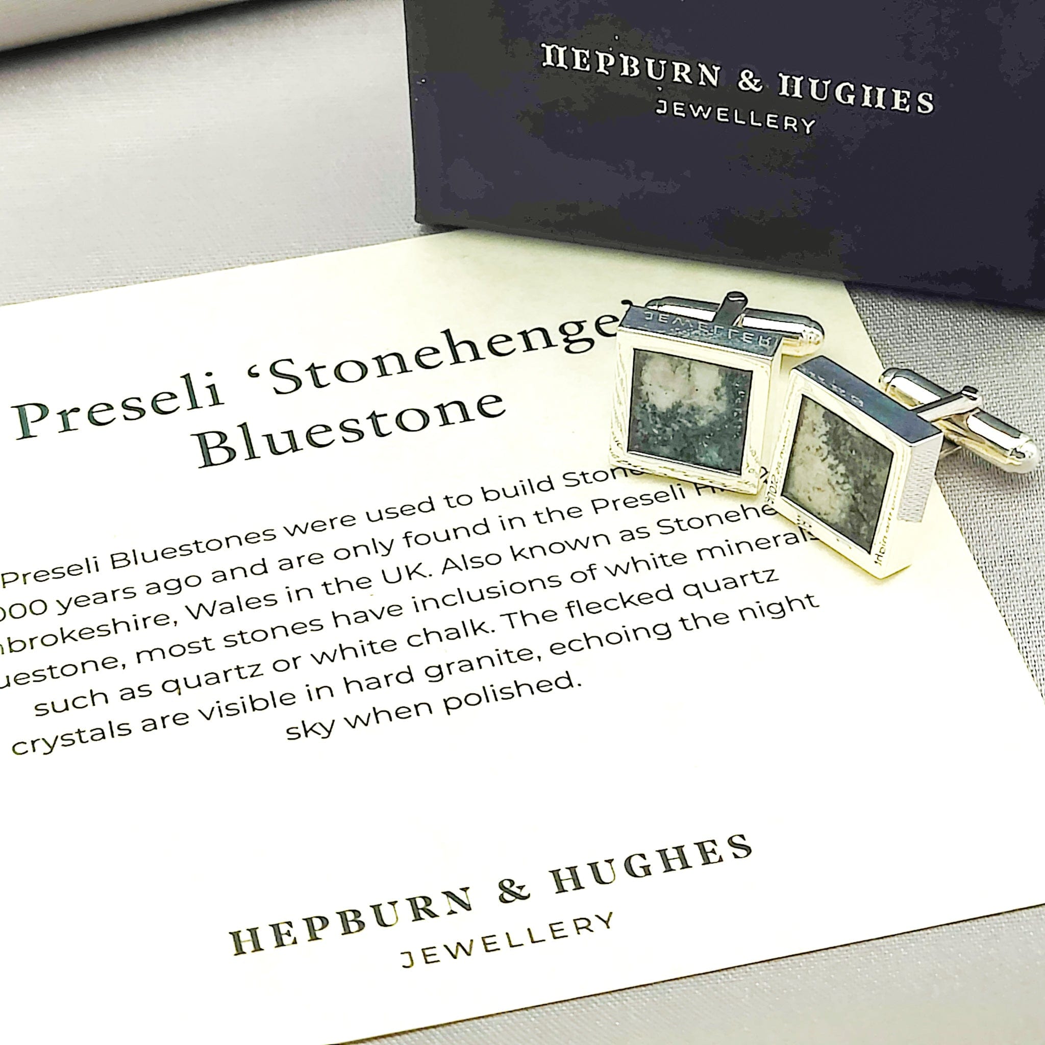 Hepburn and Hughes Welsh Preseli Bluestone Cufflinks | "Stonehenge" Summer Solstice Gift | Sterling Silver