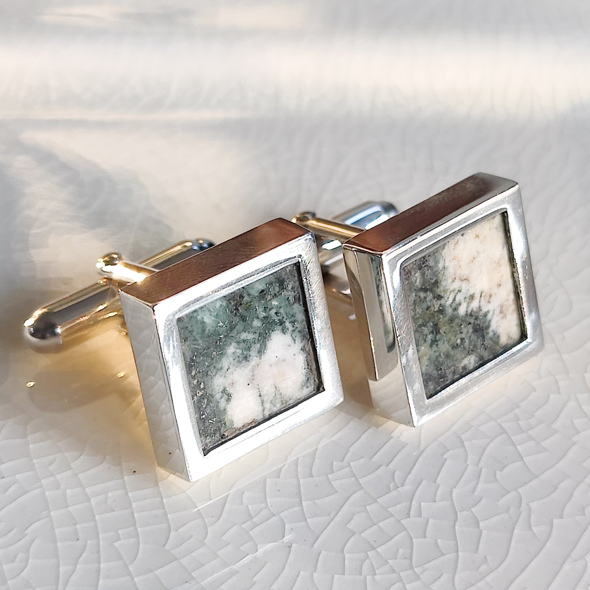 Hepburn and Hughes Welsh Preseli Bluestone Cufflinks | "Stonehenge" Summer Solstice Gift | Sterling Silver