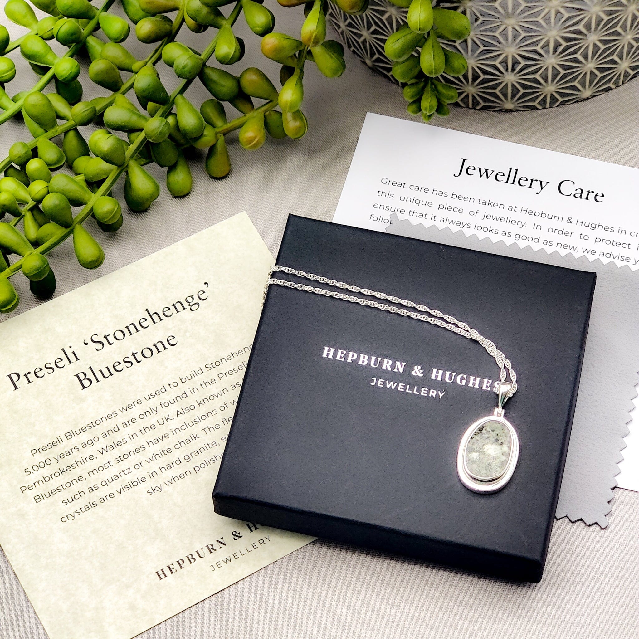Hepburn and Hughes Welsh Preseli Bluestone Necklace | "Stonehenge" Spiritual Gift | Sterling Silver
