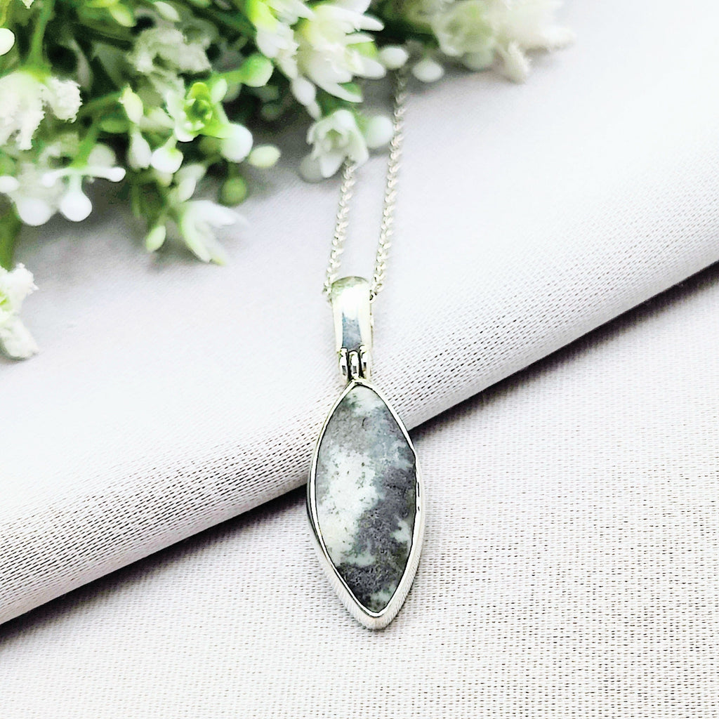 Hepburn and Hughes Welsh Preseli Bluestone Necklace | "Stonehenge" Pendant | Pointed Oval | Sterling Silver