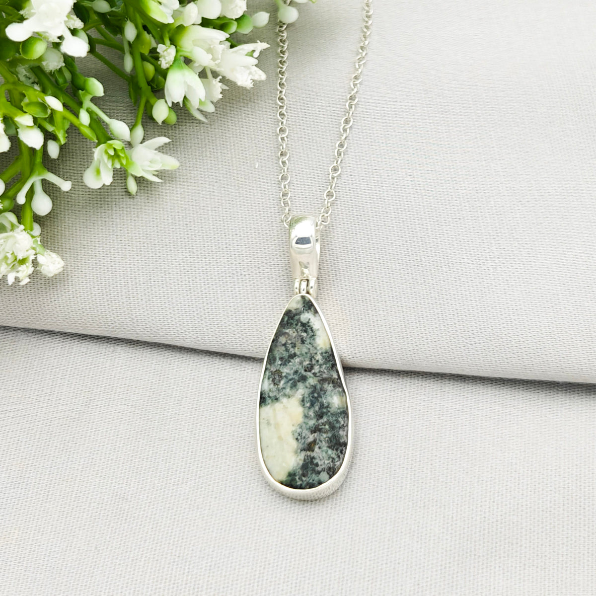 Hepburn and Hughes Welsh Preseli Bluestone Necklace | "Stonehenge" Summer Solstice Gift| 30mm long | Sterling Silver