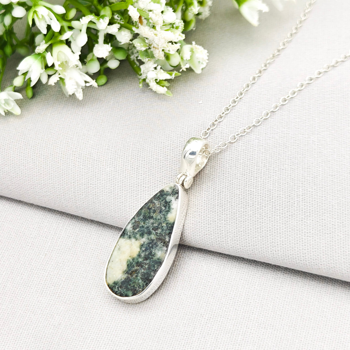 Hepburn and Hughes Welsh Preseli Bluestone Necklace | "Stonehenge" Summer Solstice Gift| 30mm long | Sterling Silver