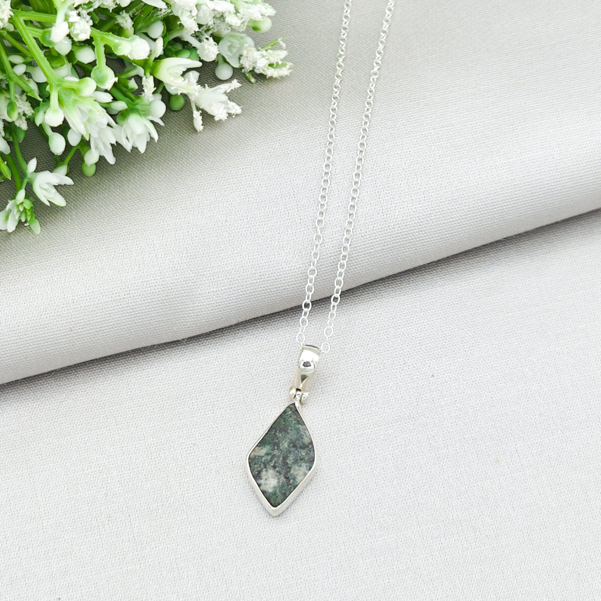 Hepburn and Hughes Welsh Preseli Bluestone Necklace | "Stonehenge" Summer Solstice Gift | Diamond | Sterling Silver