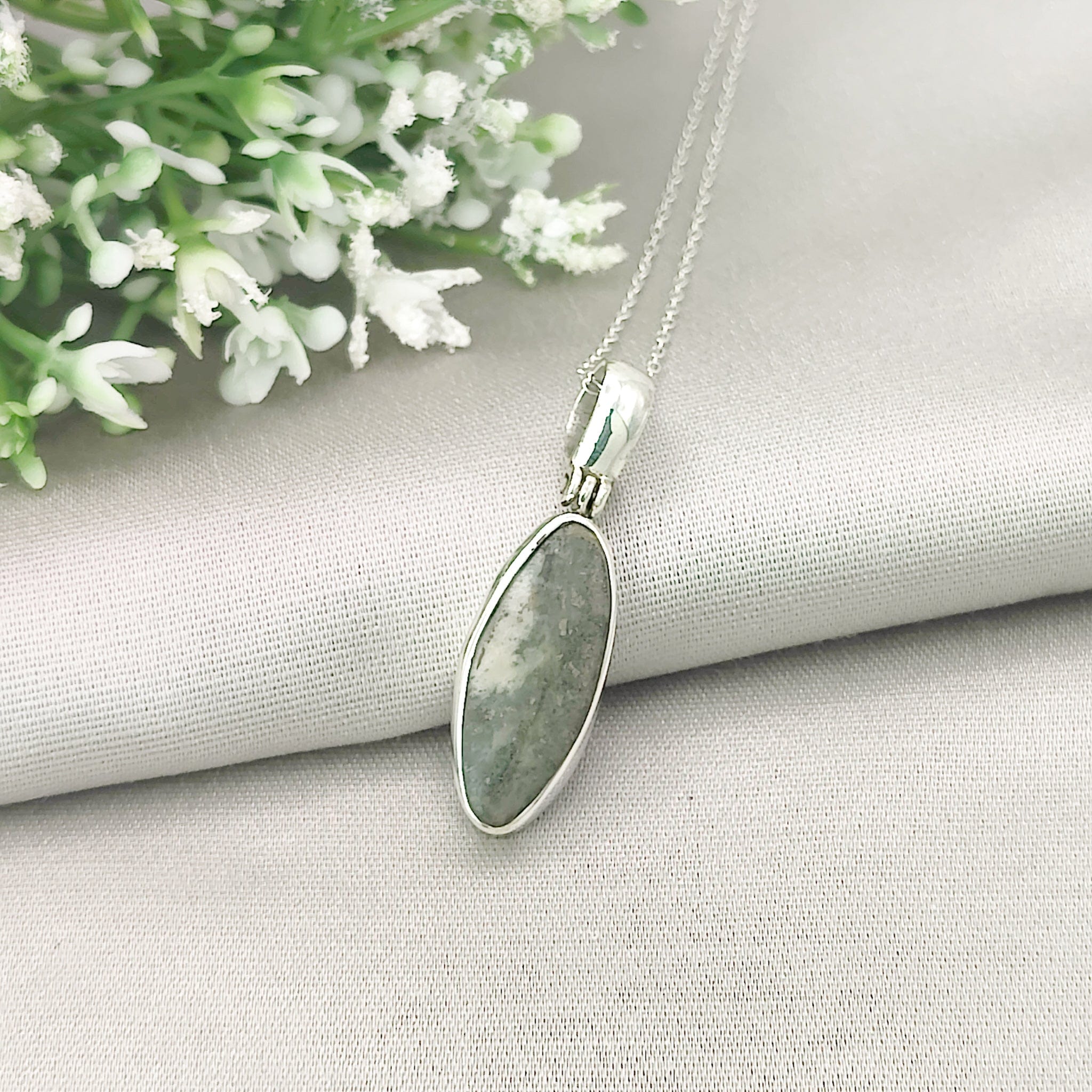 Hepburn and Hughes Welsh Preseli Bluestone Necklace | "Stonehenge" Summer Solstice Gift | Oval | Sterling Silver