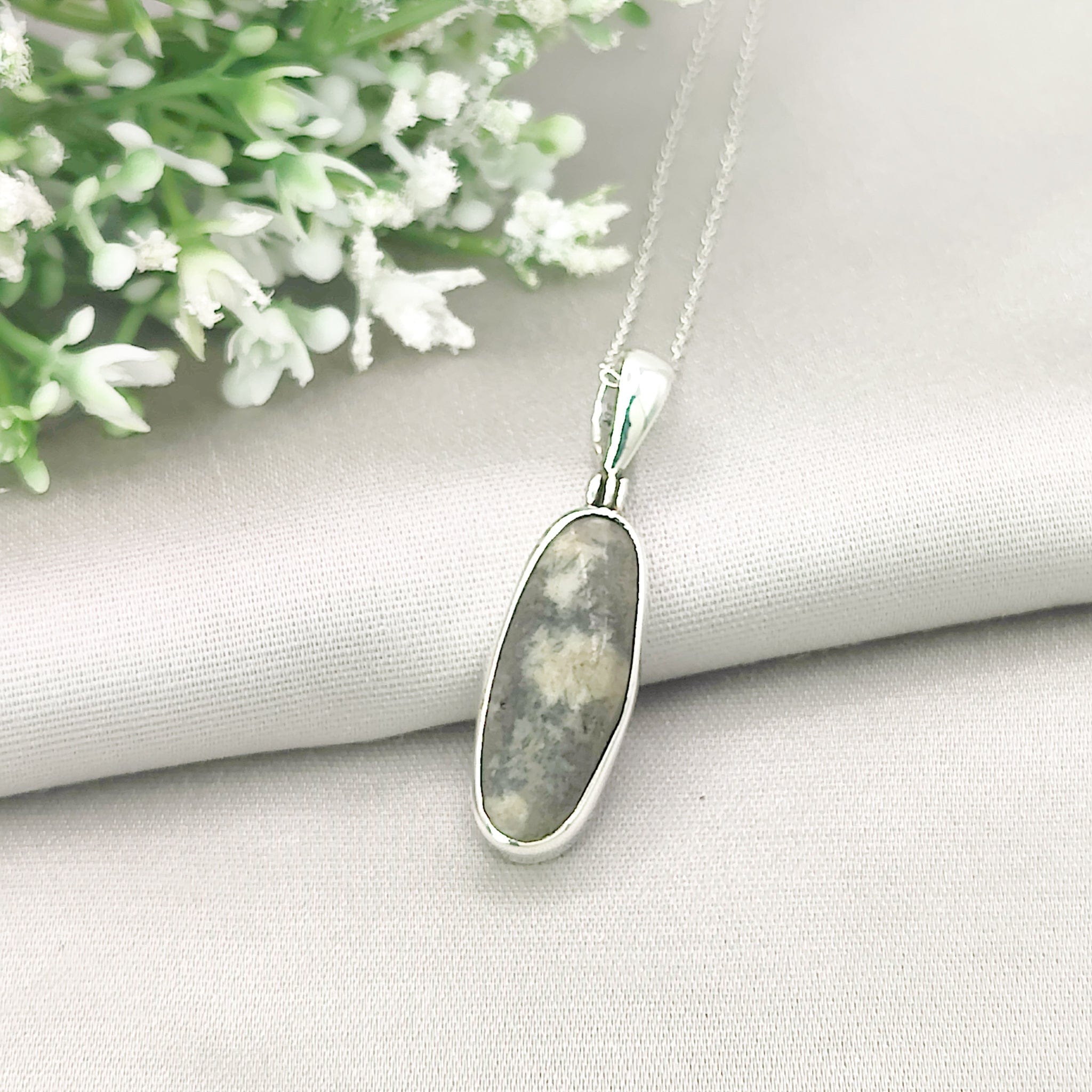 Hepburn and Hughes Welsh Preseli Bluestone Necklace | "Stonehenge" Summer Solstice Gift | Oval | Sterling Silver