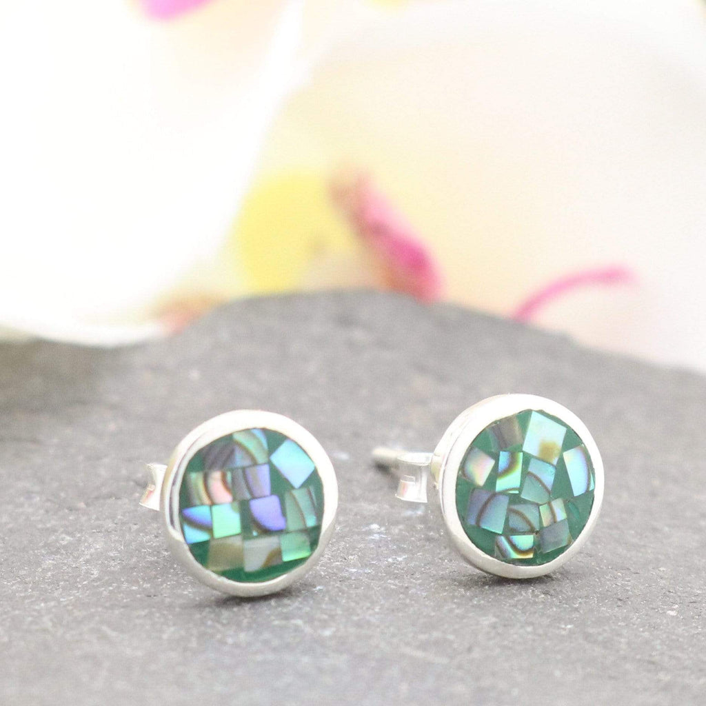 Hepburn and Hughes Abalone Shell Earrings | Circle Mosaic Stud | Sterling Silver