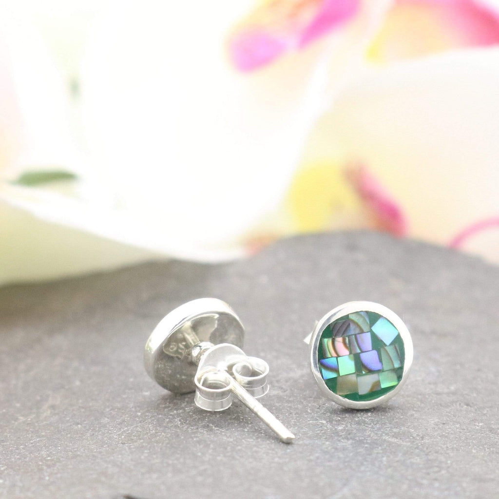 Hepburn and Hughes Abalone Shell Earrings | Circle Mosaic Stud | Sterling Silver