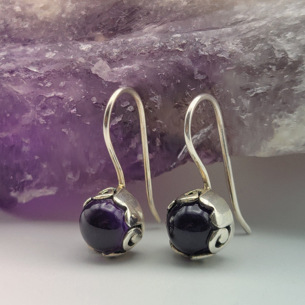 Hepburn and Hughes Amethyst Earrings, with swirl setting in Sterling Silver
