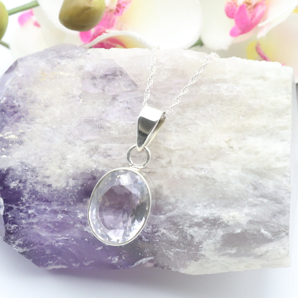 Hepburn and Hughes Amethyst Pendant, Pink Faceted Oval in Sterling Silver