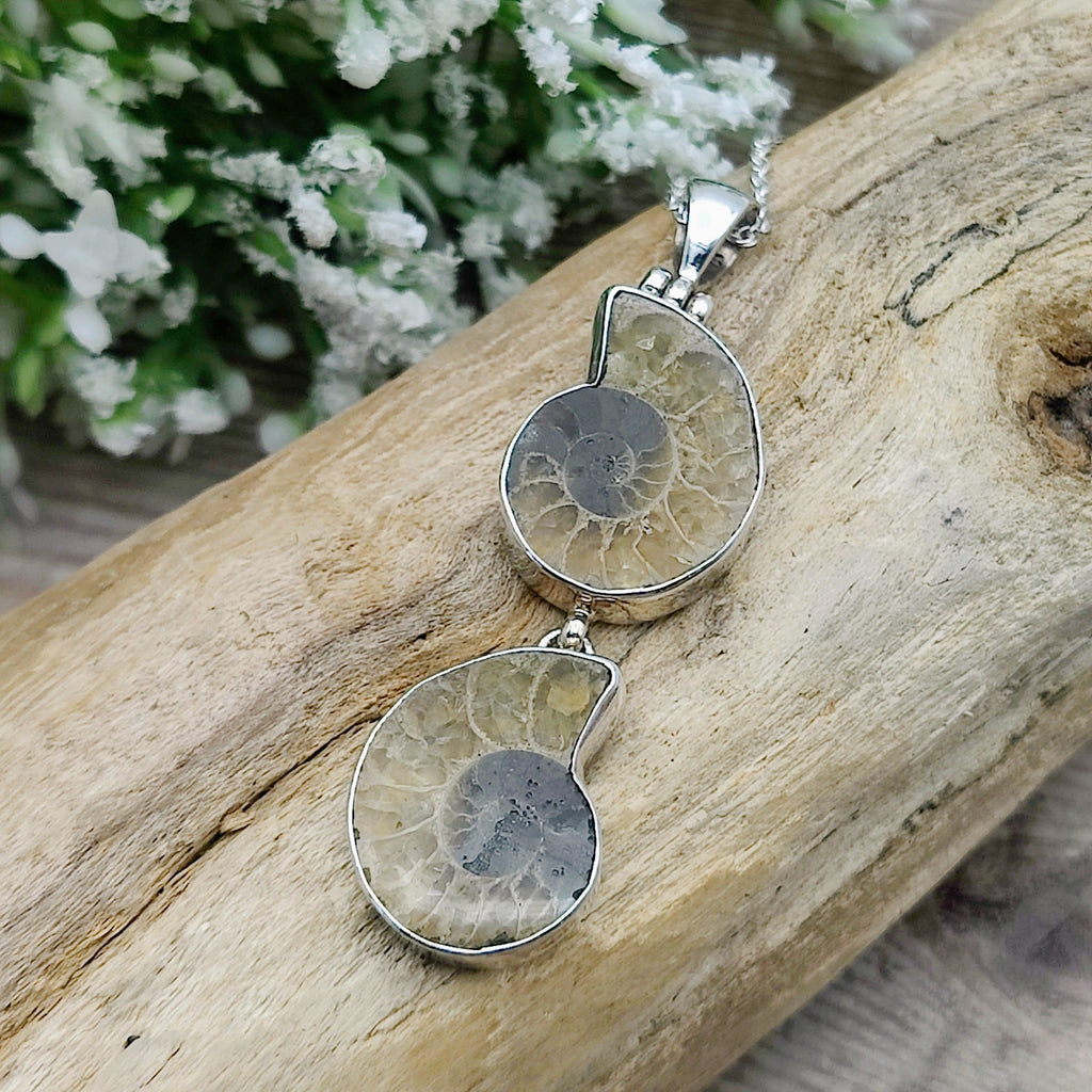 Hepburn and Hughes Ammonite Necklace | Double Fossil Pendant | Sterling Silver
