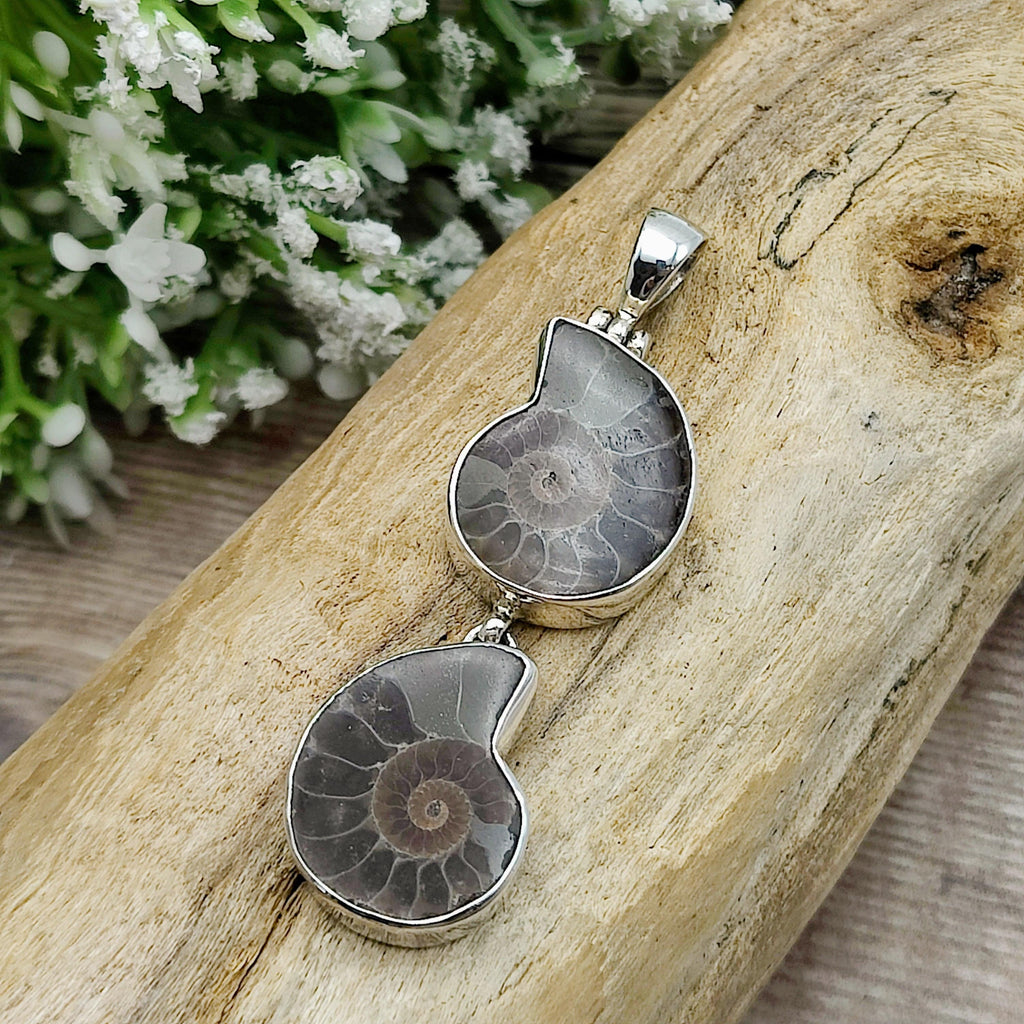 Hepburn and Hughes Ammonite Pendant, Double, Madagascan in Sterling Silver