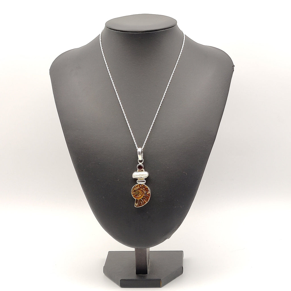 Hepburn and Hughes Ammonite Pendant, with Pearl and Garnet in Sterling Silver