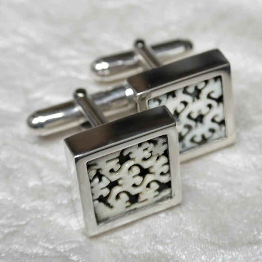 Hepburn and Hughes Antique Chinese Fan Cufflinks in Sterling Silver with Jade