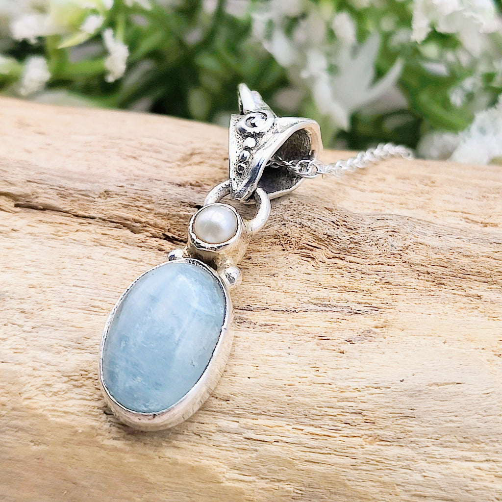 Hepburn and Hughes Aquamarine Pendant | Small Oval with pearl | Sterling Silver