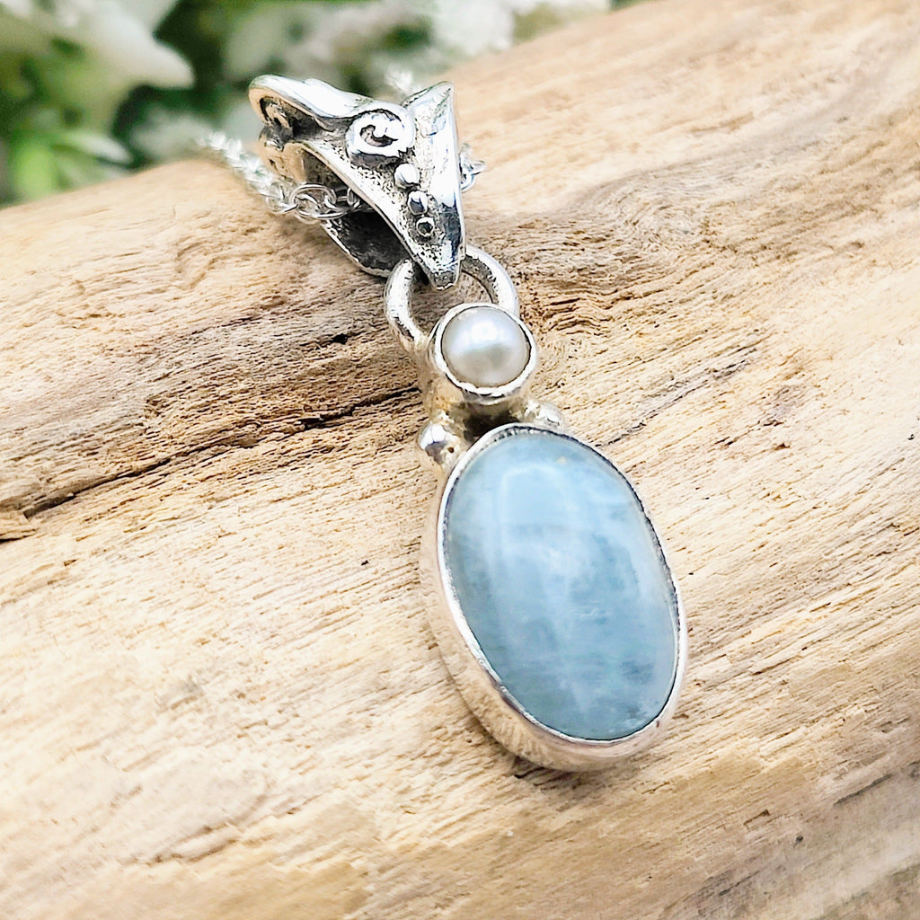 Hepburn and Hughes Aquamarine Pendant | Small Oval with pearl | Sterling Silver