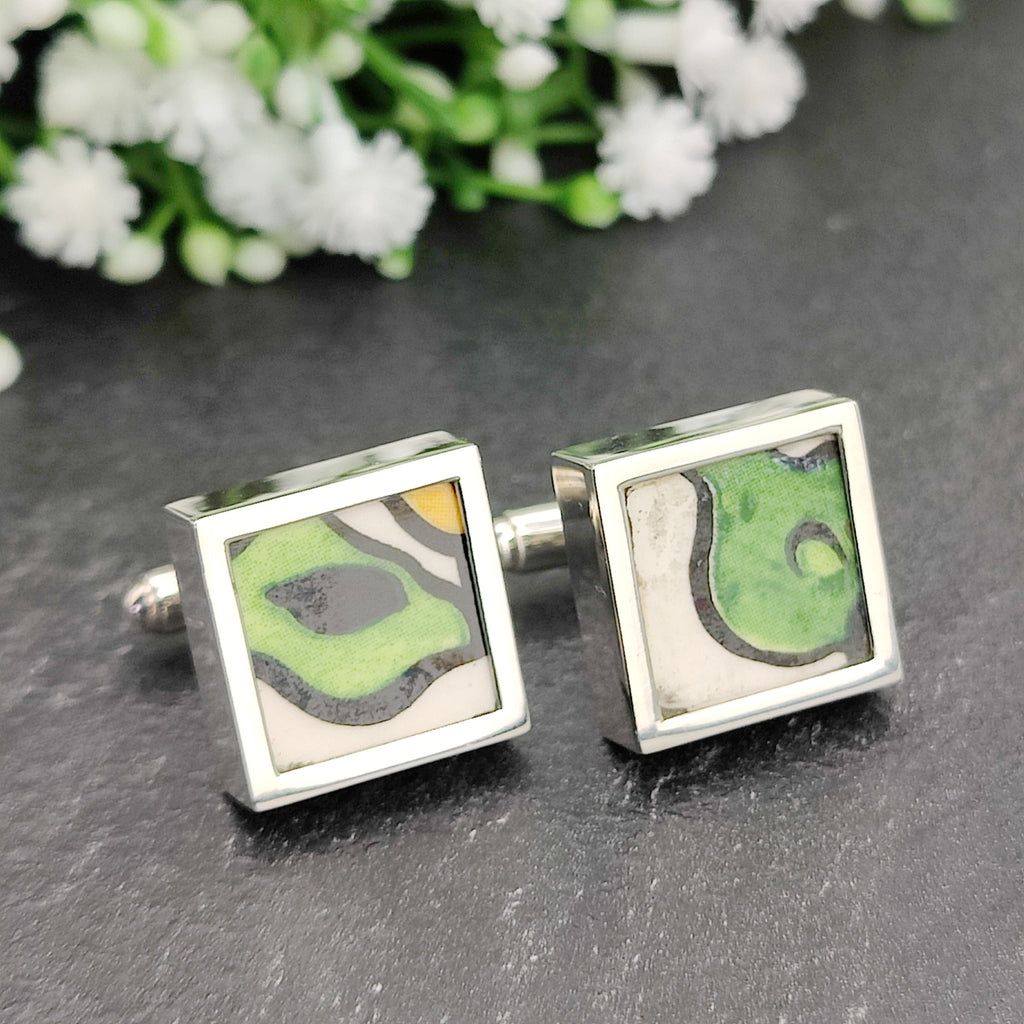 Hepburn and Hughes Art Deco Cufflinks | Clarice Cliff | 17mm Square Green Mix | Sterling Silver
