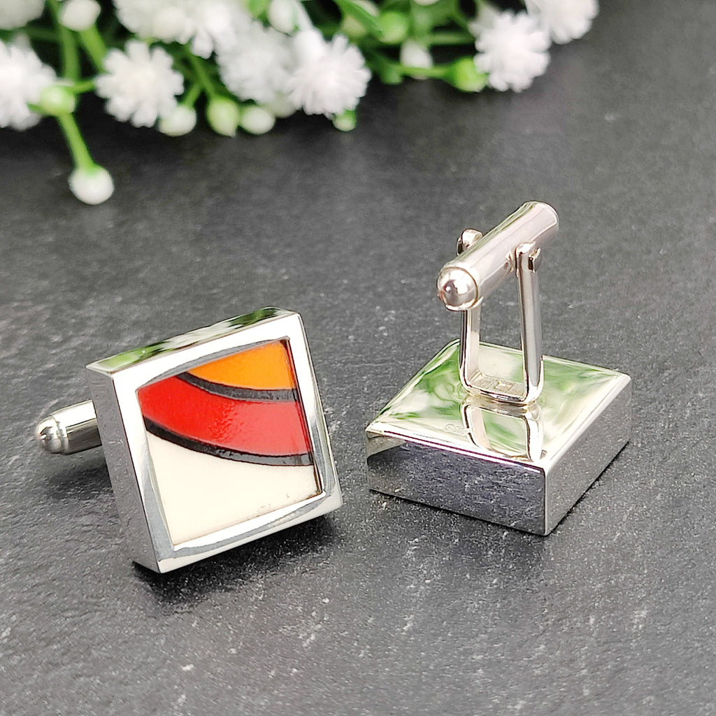 Hepburn and Hughes Art Deco Cufflinks | Clarice Cliff | Large Red Mix | Sterling Silver