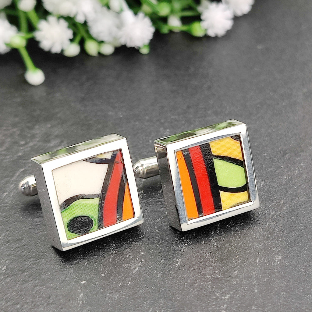 Hepburn and Hughes Art Deco Cufflinks | Clarice Cliff | Large Red Mix | Sterling Silver