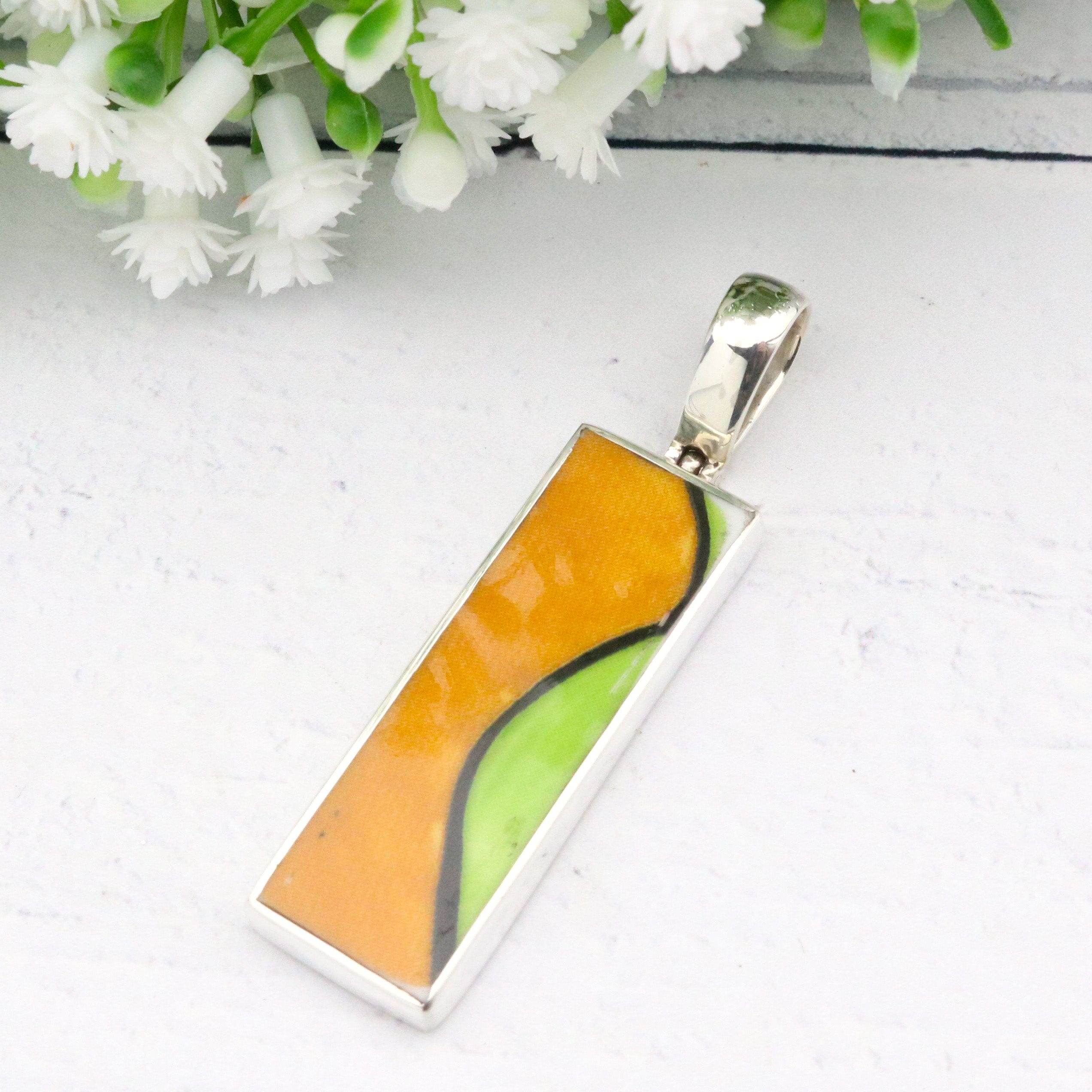 Hepburn and Hughes Art Deco Pendant | Clarice Cliff Ceramics | Rectangle | Sterling Silver