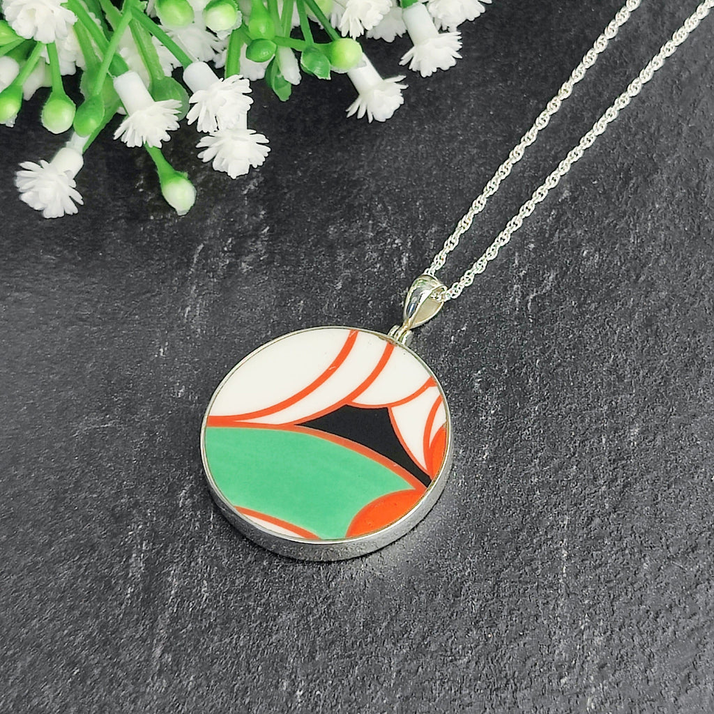 Hepburn and Hughes Art Deco pendant | Clarice Cliff necklace | Sterling Silver | Five options | Orange and Green