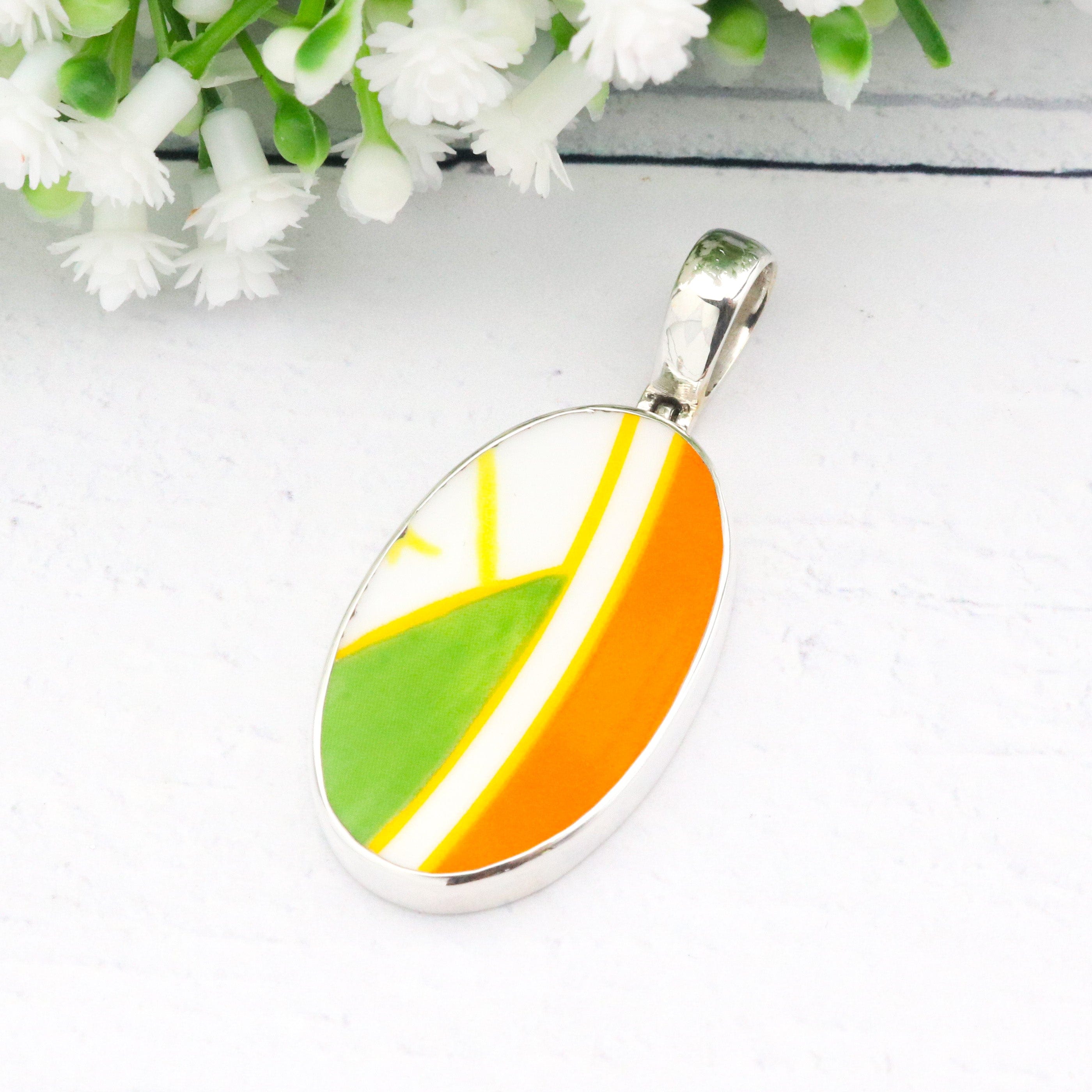 Hepburn and Hughes Art Deco Pendant | Upcycled Clarice Cliff | Small oval | Sterling Silver