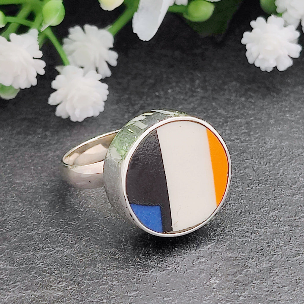 Hepburn and Hughes Art Deco Ring | Clarice Cliff Ceramics | Adjustable Ring | Circular 15mm | Blue Ring | Sterling Silver