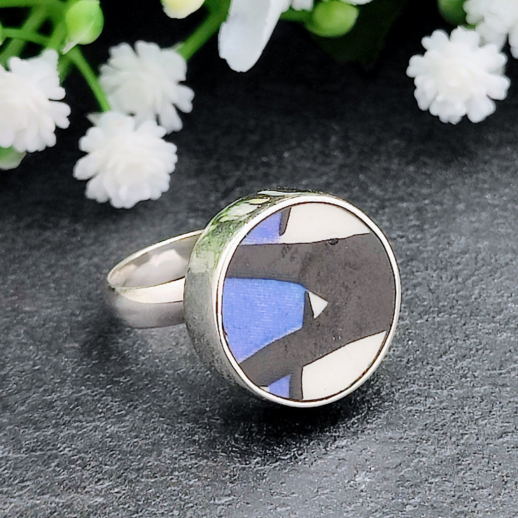 Hepburn and Hughes Art Deco Ring | Clarice Cliff Ceramics | Adjustable Ring | Circular 15mm | Blue Ring | Sterling Silver